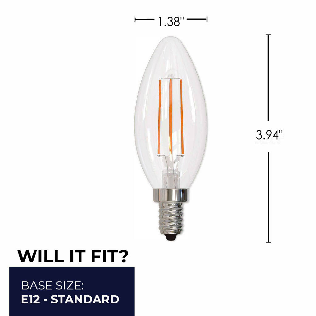 Bulbrite LED Filament 5W Dimmable B11 Light Bulb with Clear Glass Finish and E12 Candelabra Base – 4000K Cool White Light, 500 Lumens, 4-Pack, Clear Finish