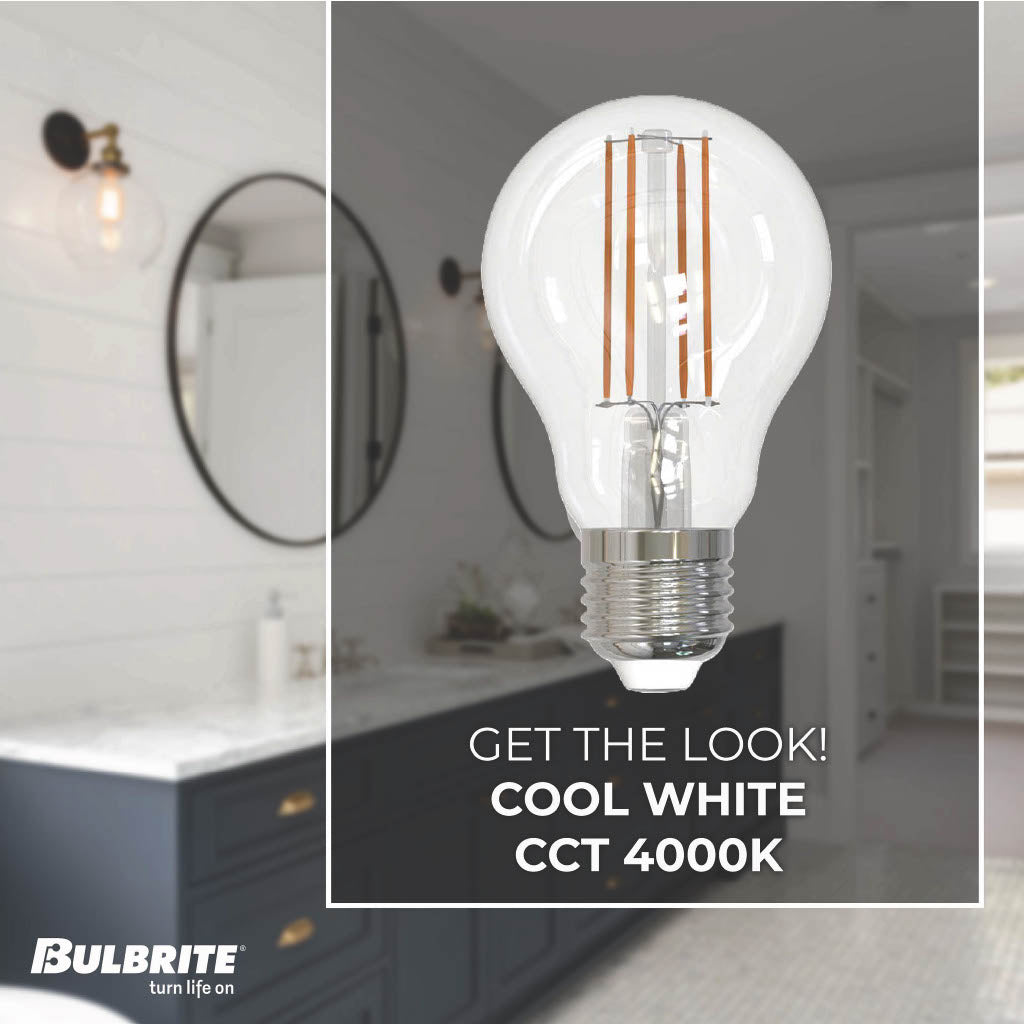Bulbrite LED 7.6W Watt Dimmable A19 Light Bulb with a Clear Finish and a Medium Screw E26 – 4000K Cool White Light 800 lumens, 10-Pack