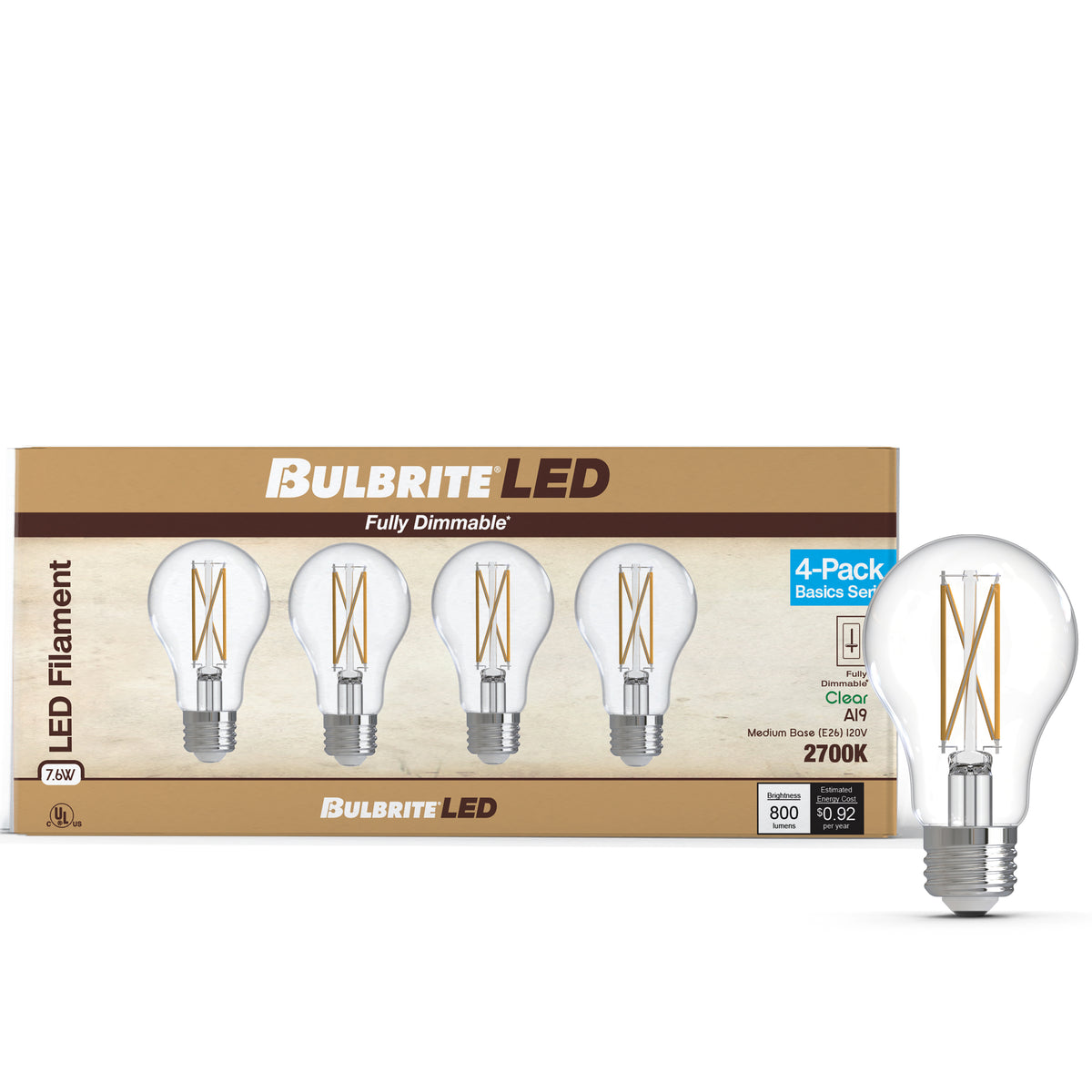 Bulbrite A19 Filament LED Light Bulb, 7.6W, 60W Equivalent, 2700K, E26 Base, Clear Finish, Dimmable, 4-Pack