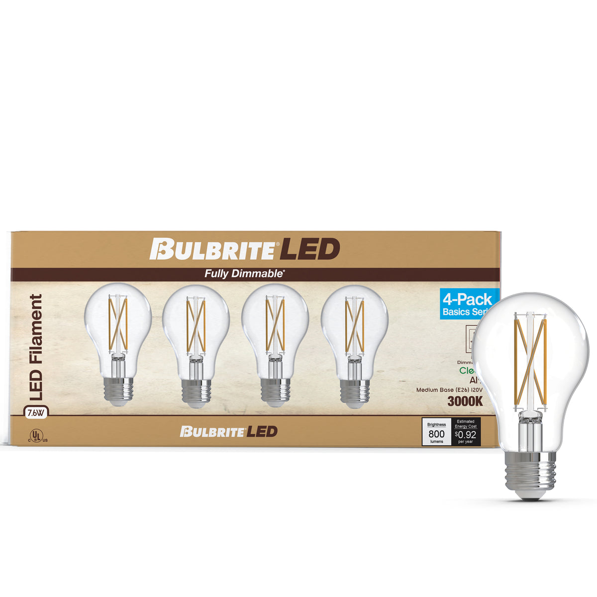 Bulbrite A19 Filament LED Light Bulb, 7.6W, 60W Equivalent, 3000K, E26 Base, Clear Finish, Dimmable, 4-Pack