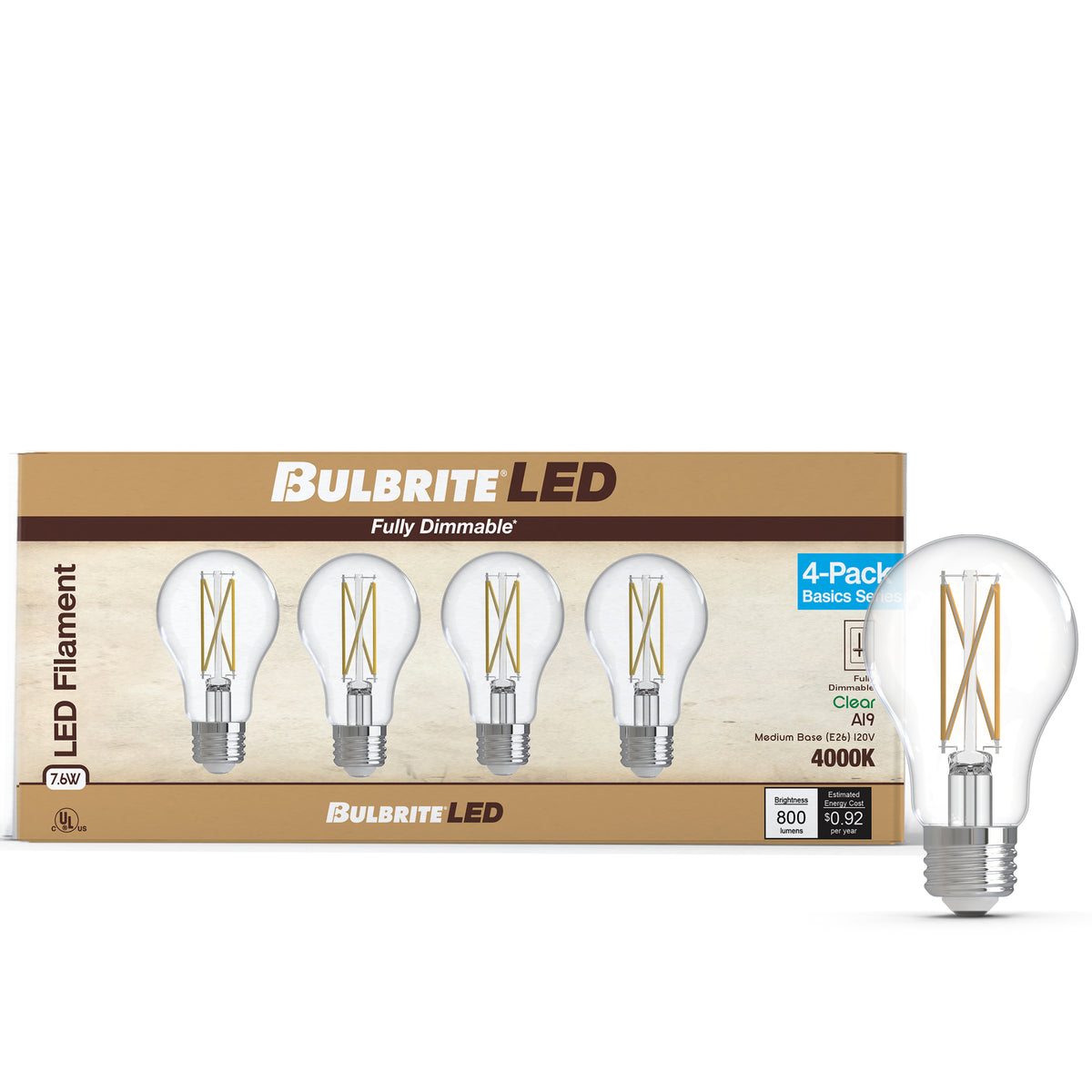 Bulbrite LED Filament, 7.6W Dimmable A19 Light Bulb with Clear Finish and Medium Screw E26 Base – 4000K Cool White Light, 800 lumens, 4-Pack
