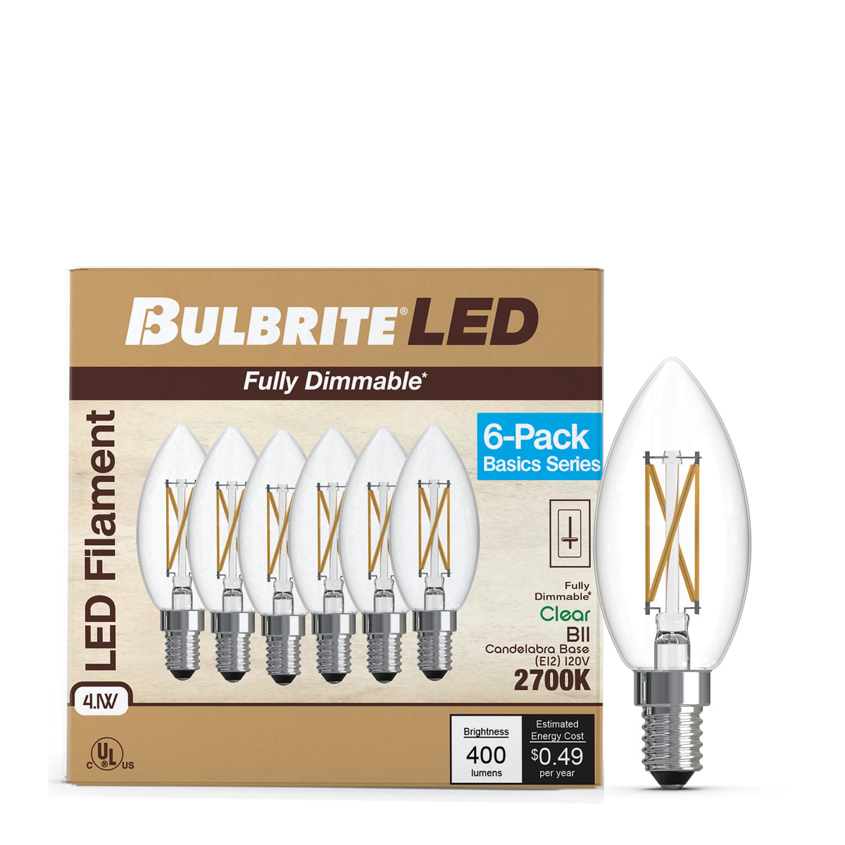 Bulbrite B11 Filament LED Light Bulb, 4.1W, 40W Equivalent, 2700K, E12 Base, Clear Finish, Dimmable, 6-Pack