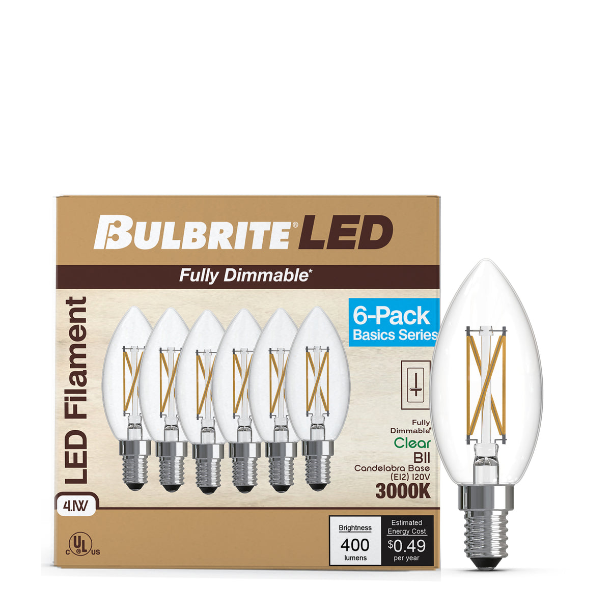 Bulbrite B11 Filament LED Light Bulb, 4.1W, 40W Equivalent, 3000K, E12 Base, Clear Finish, Dimmable, 6-Pack
