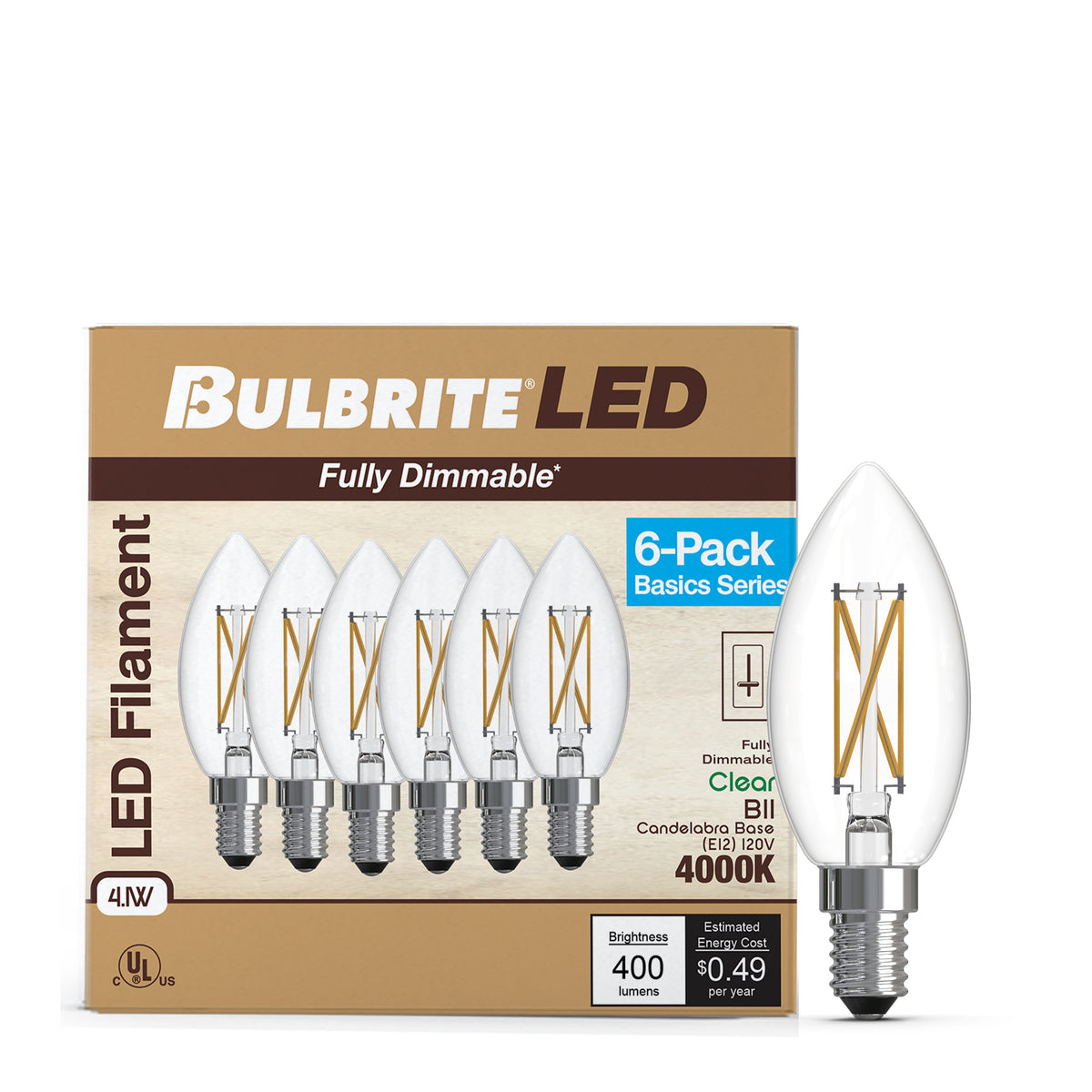 Bulbrite B11 Filament LED Light Bulb, 4.1W, 40W Equivalent, 4000K, E12 Base, Clear Finish, Dimmable, 6-Pack