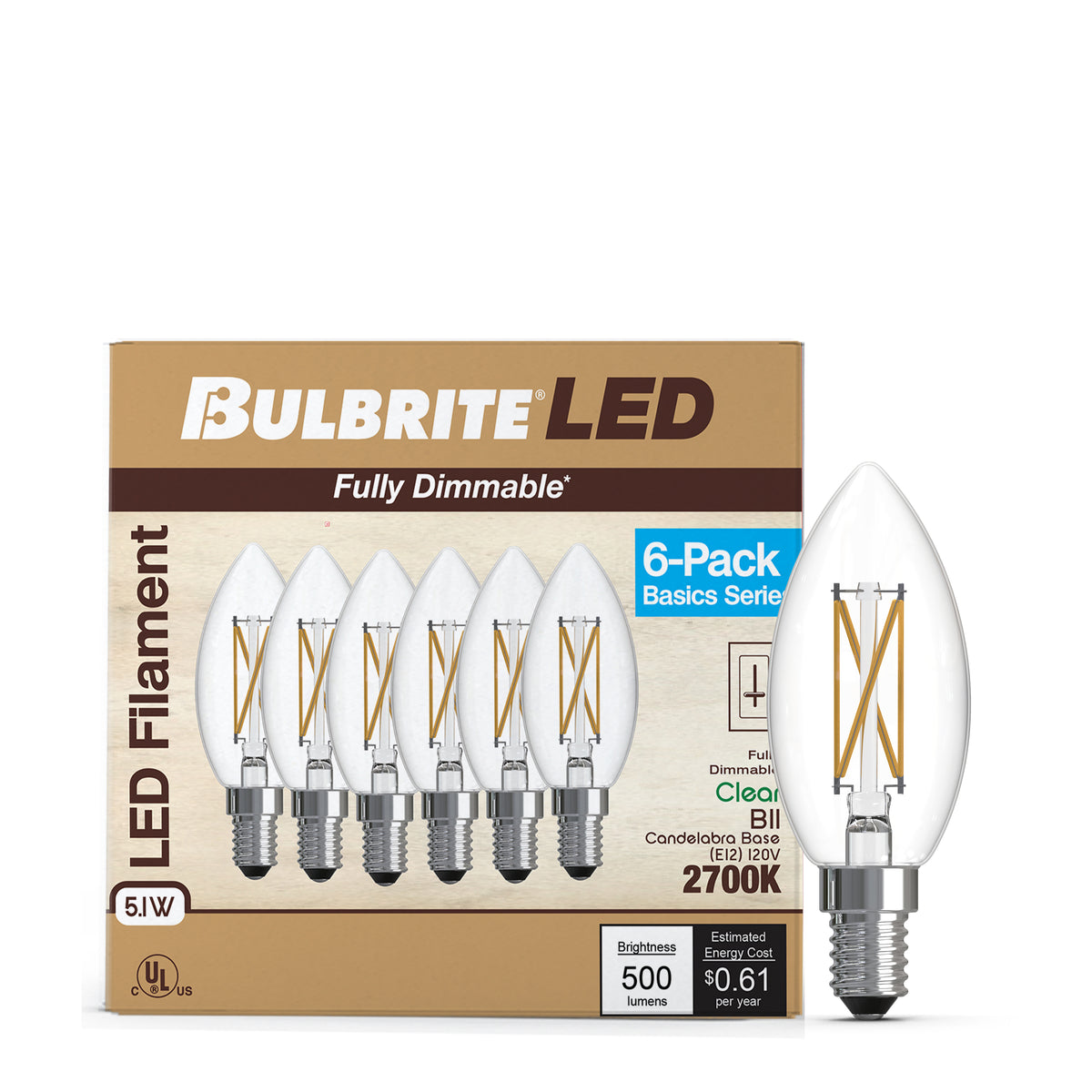 Bulbrite B11 Filament LED Light Bulb, 5.1W, 60W Equivalent, 2700K, E12 Base, Clear Finish, Dimmable, 6-Pack