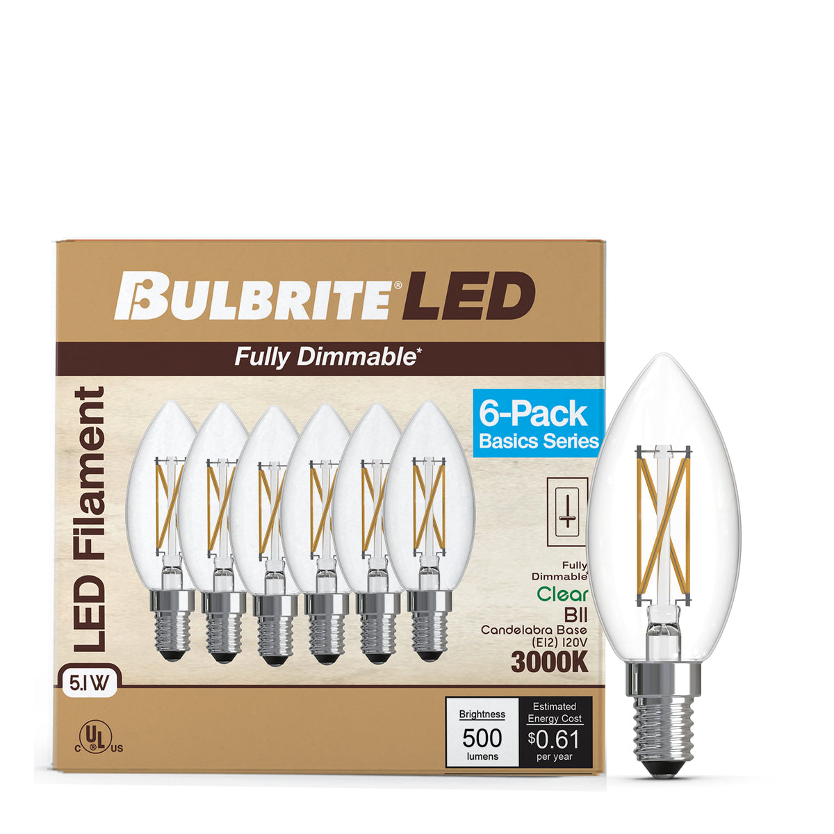 Bulbrite B11 Filament LED Light Bulb, 5.1W, 60W Equivalent, 3000K, E12 Base, Clear Finish, Dimmable, 6-Pack