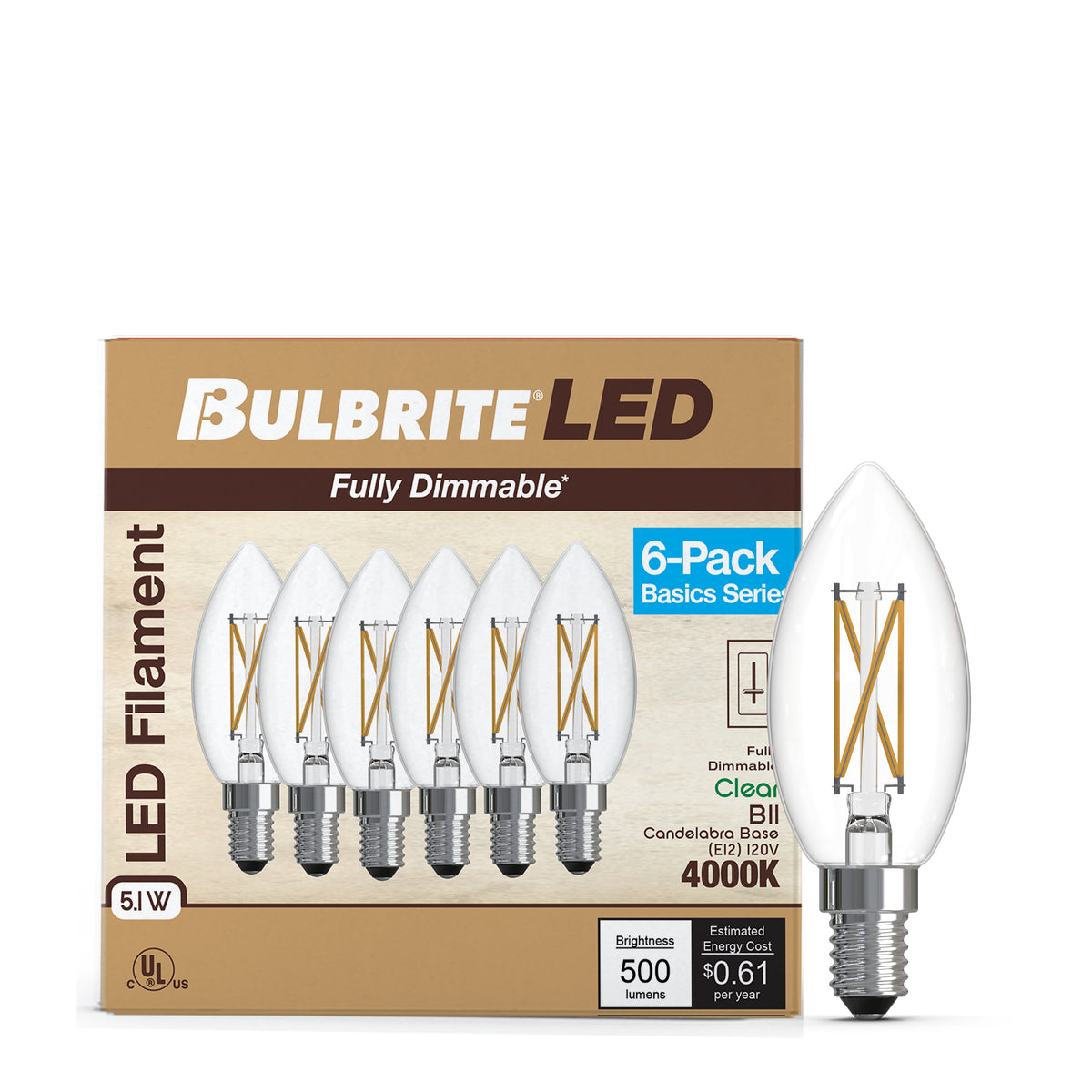 Bulbrite B11 Filament LED Light Bulb, 5.1W, 60W Equivalent, 4000K, E12 Base, Clear Finish, Dimmable, 6-Pack