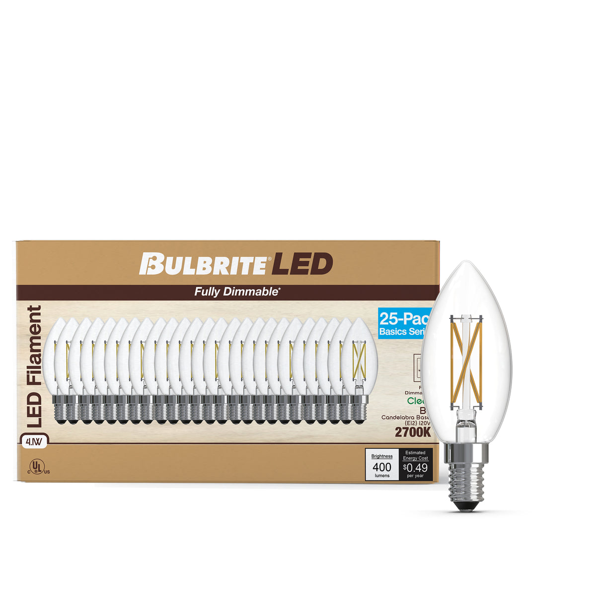 Bulbrite B11 Filament LED Light Bulb, 4.1W, 40W Equivalent, 2700K, E12 Base, Clear Finish, Dimmable, 25-Pack