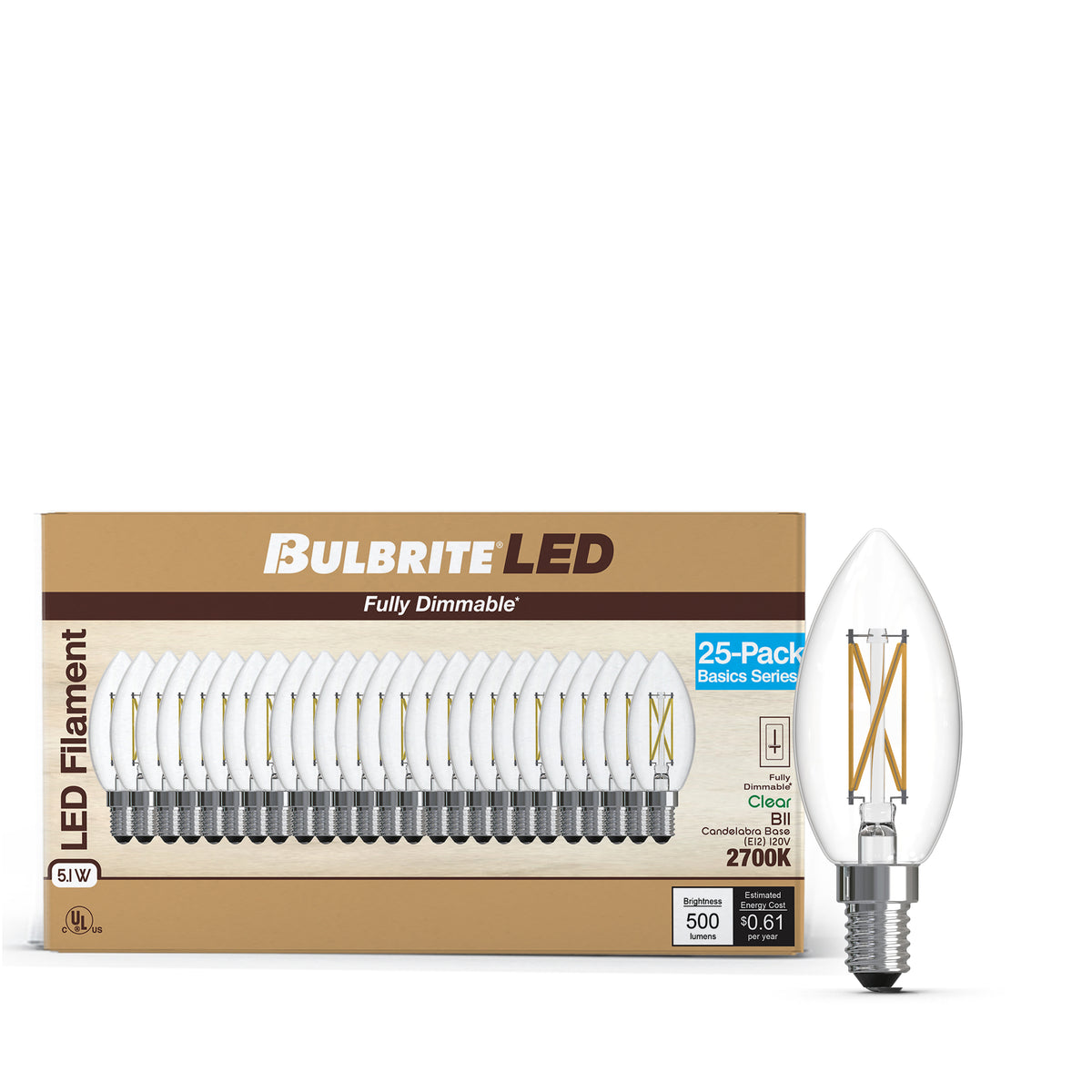 Bulbrite B11 Filament LED Light Bulb, 5.1W, 60W Equivalent, 2700K, E12 Base, Clear Finish, Dimmable, 25-Pack