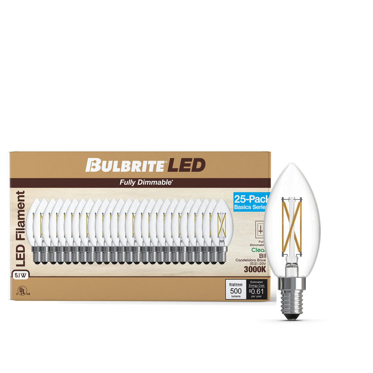Bulbrite B11 Filament LED Light Bulb, 5.1W, 60W Equivalent, 3000K, E12 Base, Clear Finish, Dimmable, 25-Pack