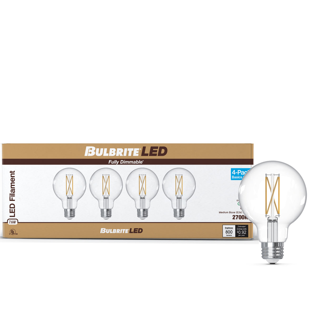 Bulbrite G25 Filament LED Light Bulb, 7.6W, 60W Equivalent, 2700K, E26 Base, Clear Finish, Dimmable, 4-Pack