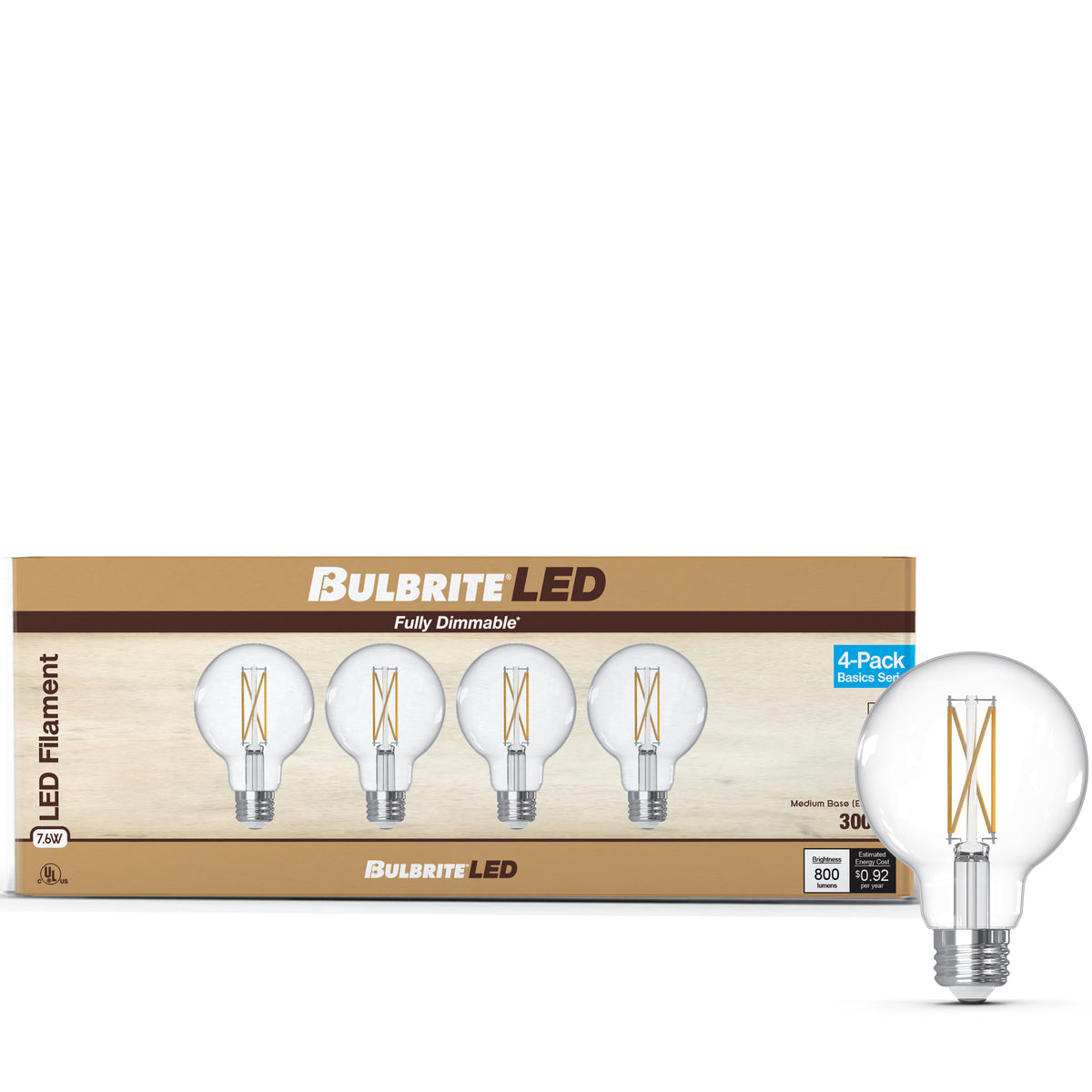 Bulbrite G25 Filament LED Light Bulb, 7.6W, 60W Equivalent, 3000K, E26 Base, Clear Finish, Dimmable, 4-Pack