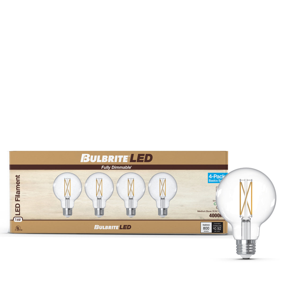 Bulbrite G25 Filament LED Light Bulb, 7.6W, 60W Equivalent, 4000K, E26 Base, Clear Finish, Dimmable, 4-Pack