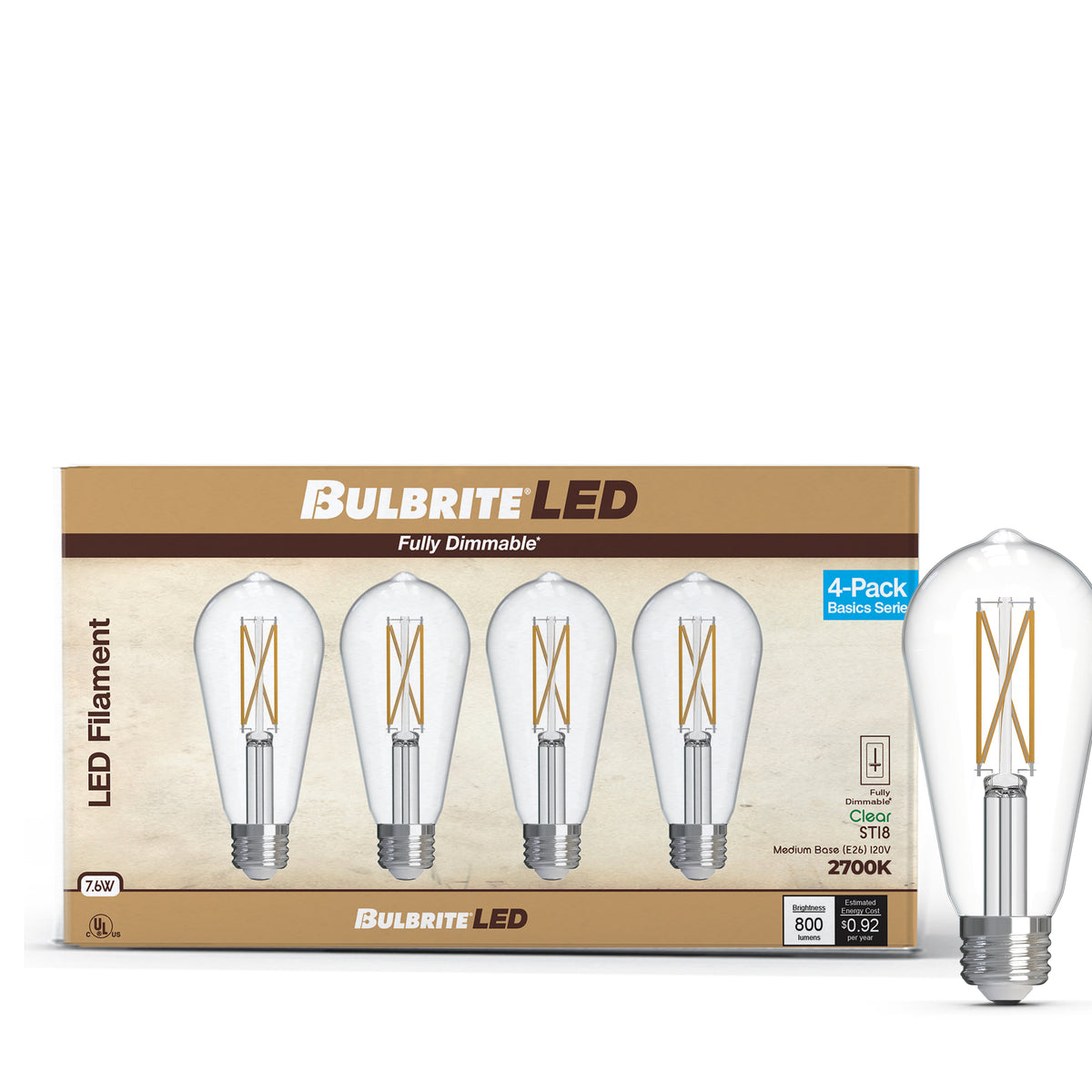 Bulbrite ST18 Filament LED Light Bulb, 7.6W, 60W Equivalent, 2700K, E26 Base, Clear Finish, Dimmable, 4-Pack