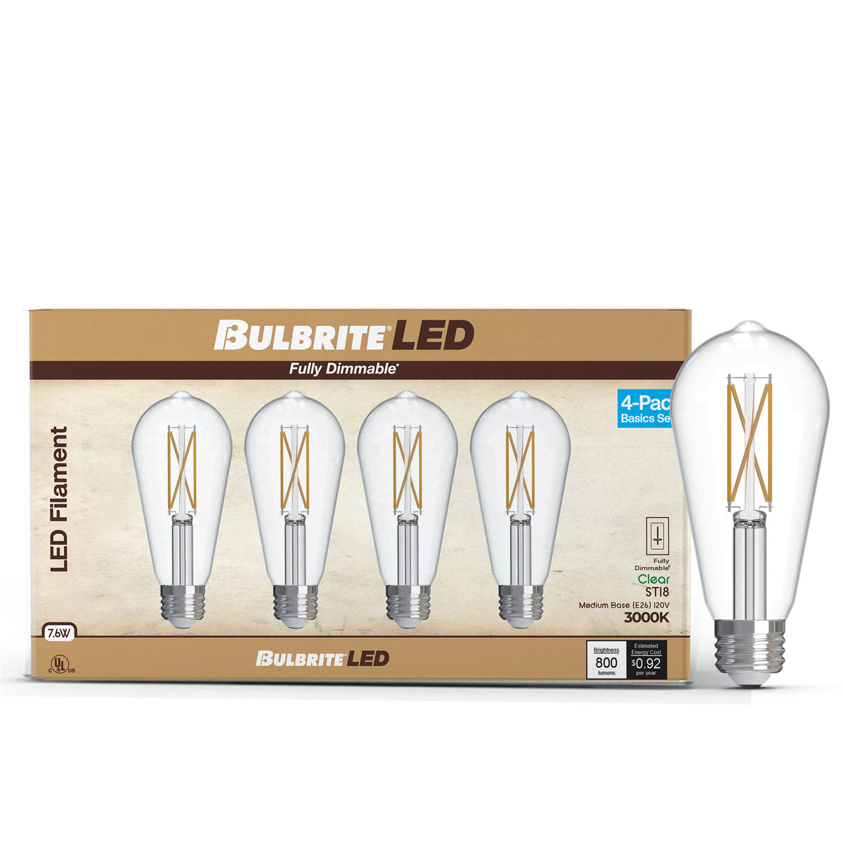 Bulbrite ST18 Filament LED Light Bulb, 7.6W, 60W Equivalent, 3000K, E26 Base, Clear Finish, Dimmable, 4-Pack