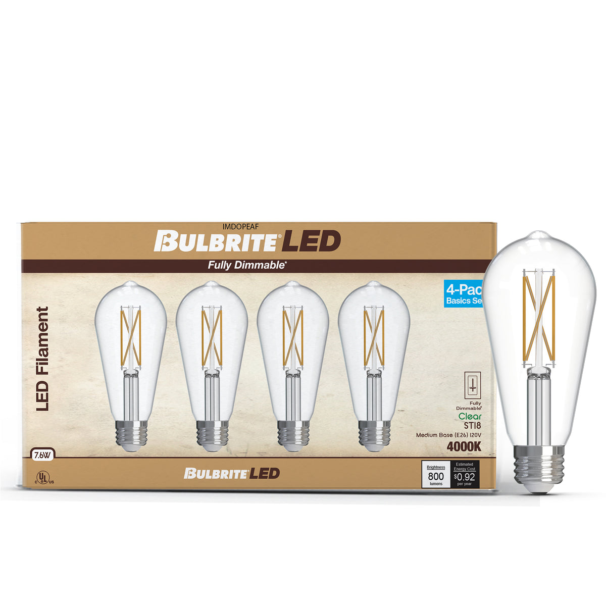 Bulbrite ST18 Filament LED Light Bulb, 7.6W, 60W Equivalent, 4000K, E26 Base, Clear Finish, Dimmable, 4-Pack