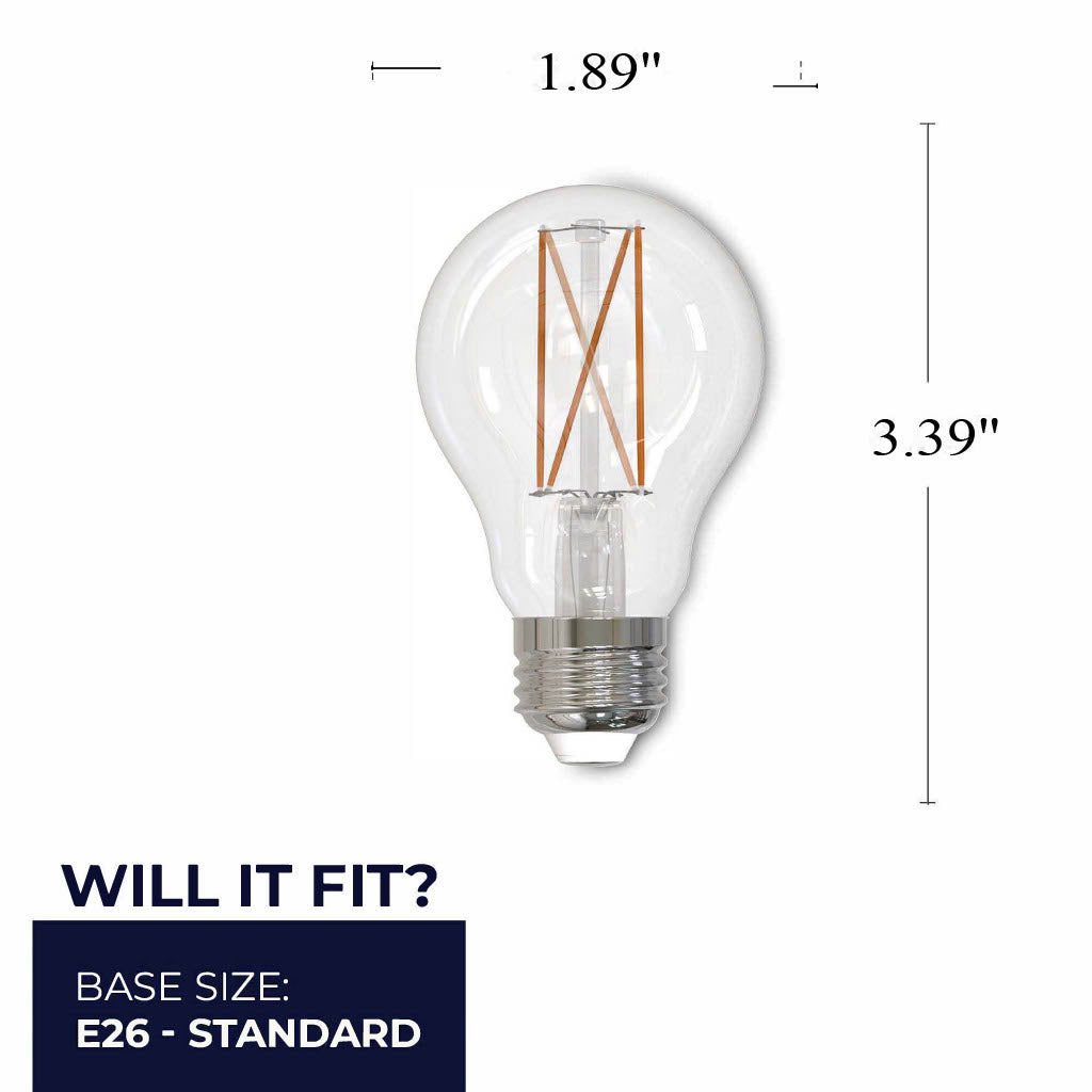 Bulbrite 6.5W Dimmable A19 LED Filament with Clear Finish and Medium Screw E26 Base – 3000K Soft White Light 450 Lumens, 4-Pack