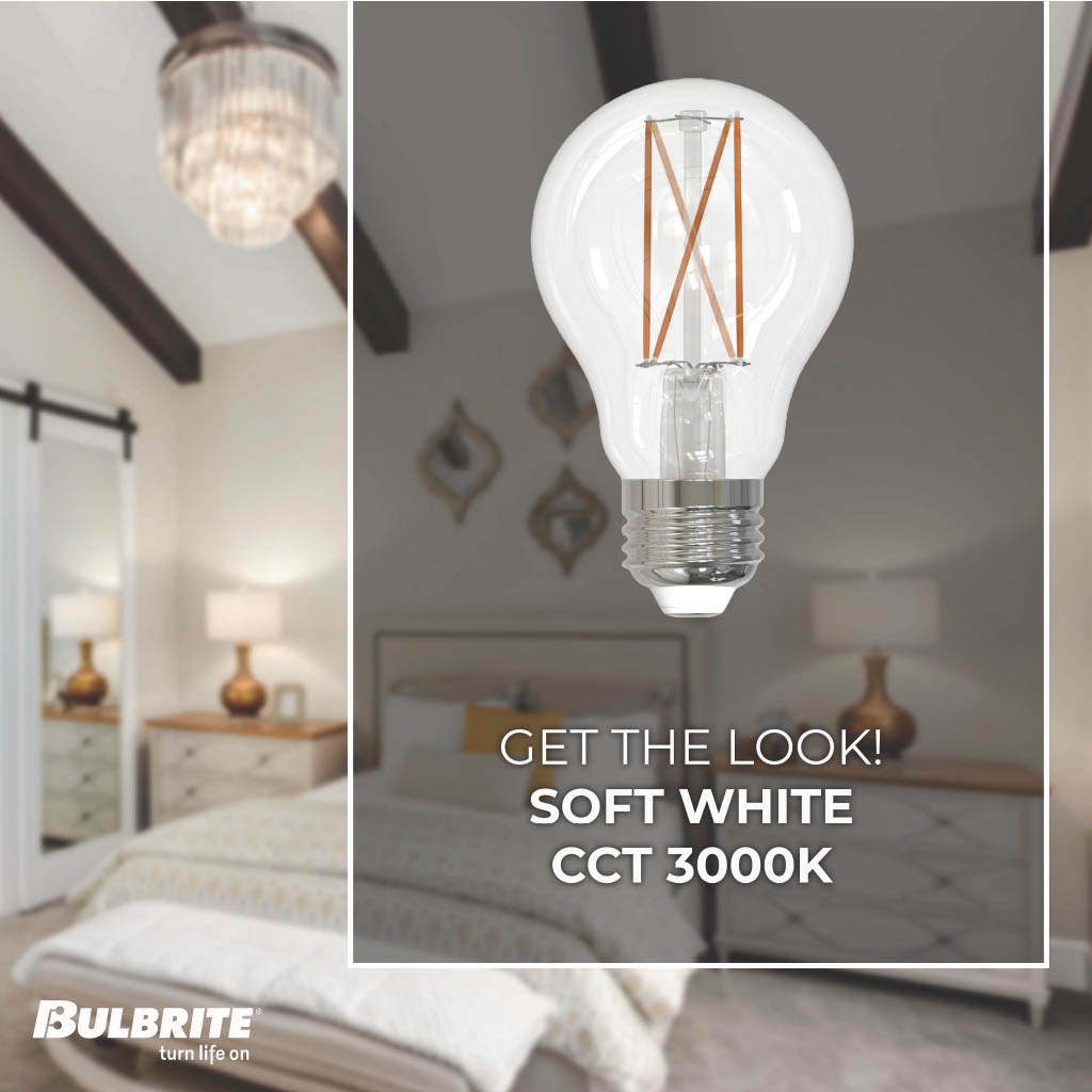 Bulbrite 6.5W Dimmable A19 LED Filament with Clear Finish and Medium Screw E26 Base – 3000K Soft White Light 450 Lumens, 4-Pack