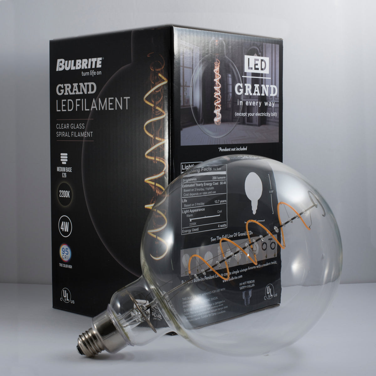 Bulbrite LED Grand Spiral Filament G63 Globe Shaped Light Bulb, 60W Equivalent, E26 Medium Base, 2200K, Clear