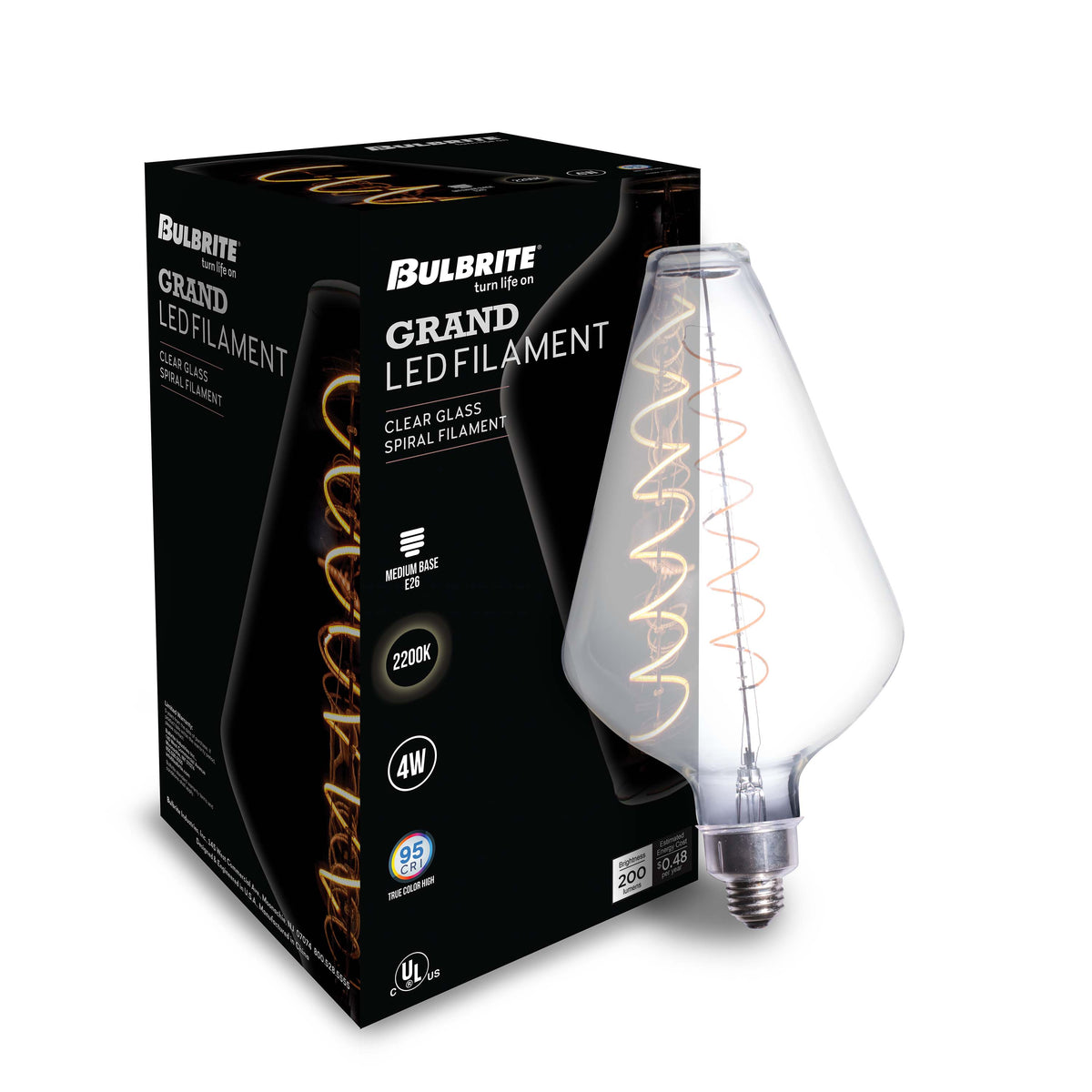 Bulbrite LED Grand Spiral Filament Diamond Shaped Light Bulb, E26 Medium Base, 1-Pack, Clear