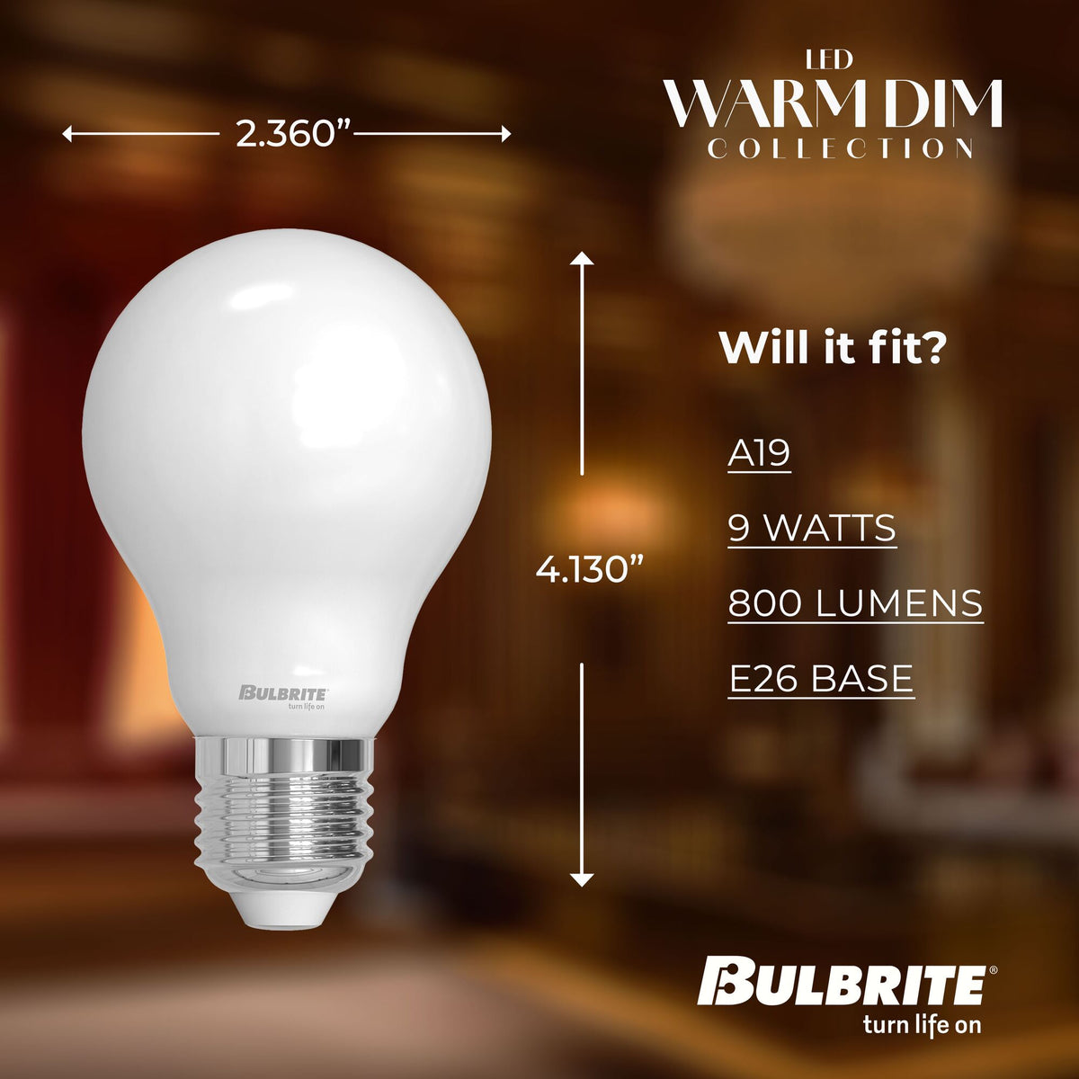 Bulbrite 9W LED A19 Light Bulbs, Warm Dimming 3000K (Soft White) – 1800K Candlelight, 800 Lumens, (2-Pack)