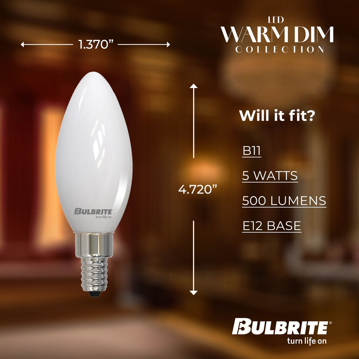 Bulbrite 5W LED B11 Light Bulbs, Warm Dimming 3000K (Soft White) – 1800K Candlelight, 500 Lumens, (4-Pack)