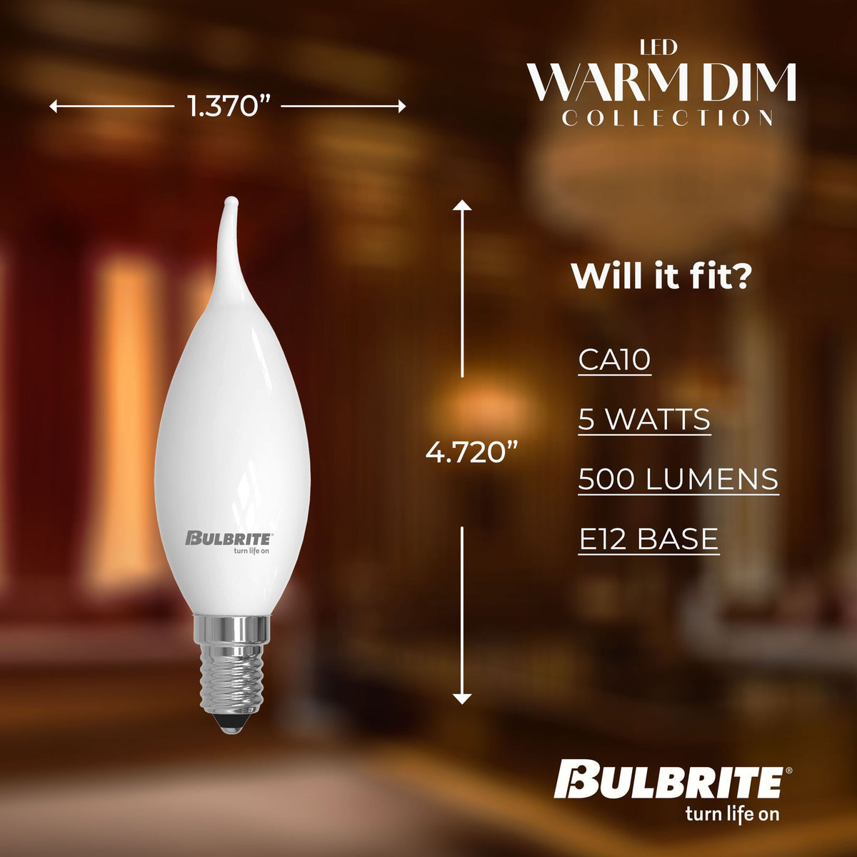 Bulbrite 5W LED CA10 Light Bulbs, Warm Dimming 3000K (Soft White) – 1800K Candlelight, 500 Lumens, (4-Pack)