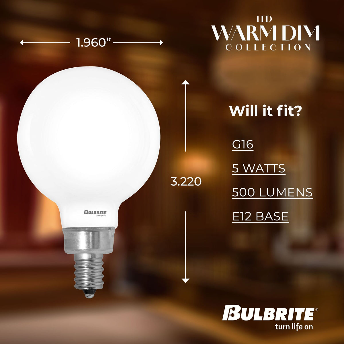 Bulbrite 5W LED G16 Light Bulbs, Warm Dimming 3000K (Soft White) – 1800K Candlelight, 500 Lumens, (4-Pack)