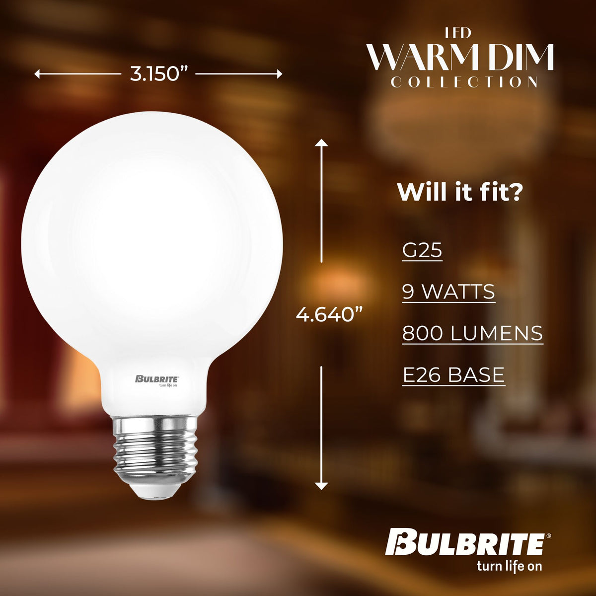 Bulbrite 9W LED G25 Light Bulbs, Warm Dimming 3000K (Soft White) – 1800K Candlelight, 800 Lumens, (2-Pack)