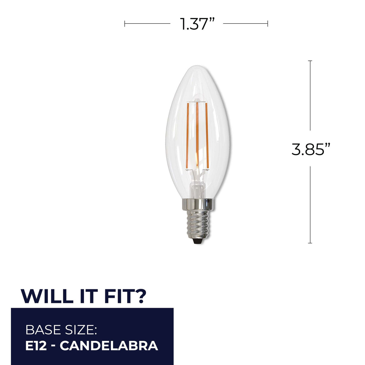 Bulbrite 5W Dimmable Clear Filament B11 E12 Candelabra Base LED Bulb – 500 Lumens, 2700K, and 80 CRI, 4-Pack