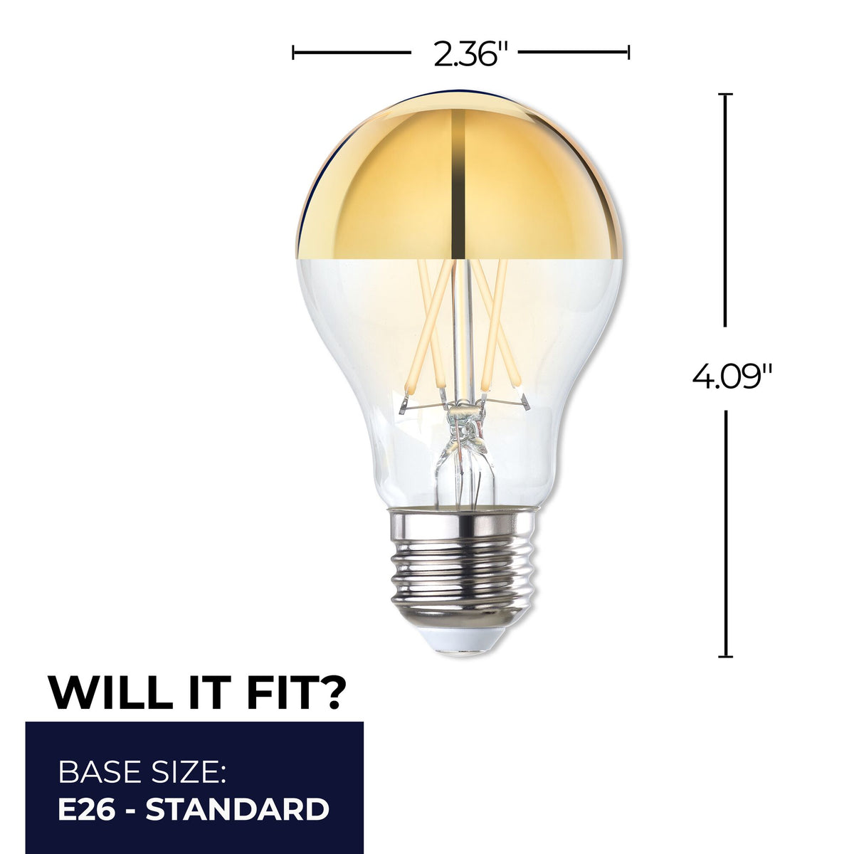 Bulbrite LED Filament 5W Dimmable A19 Light Bulb with Half Gold Glass Finish and E26 Medium Base – 2700K Warm White Light, 400 Lumens, 4-Pack