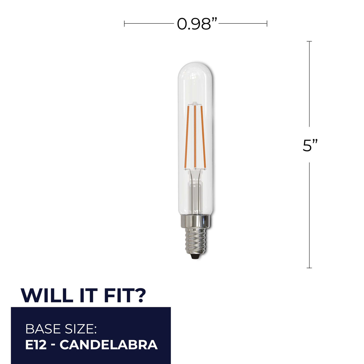 Bulbrite LED 4.5W Dimmable T8 Light Bulb with a Clear Finish and a Candelabra Screw E12 – 3000K Soft White Light 450 lumens, 3-Pack