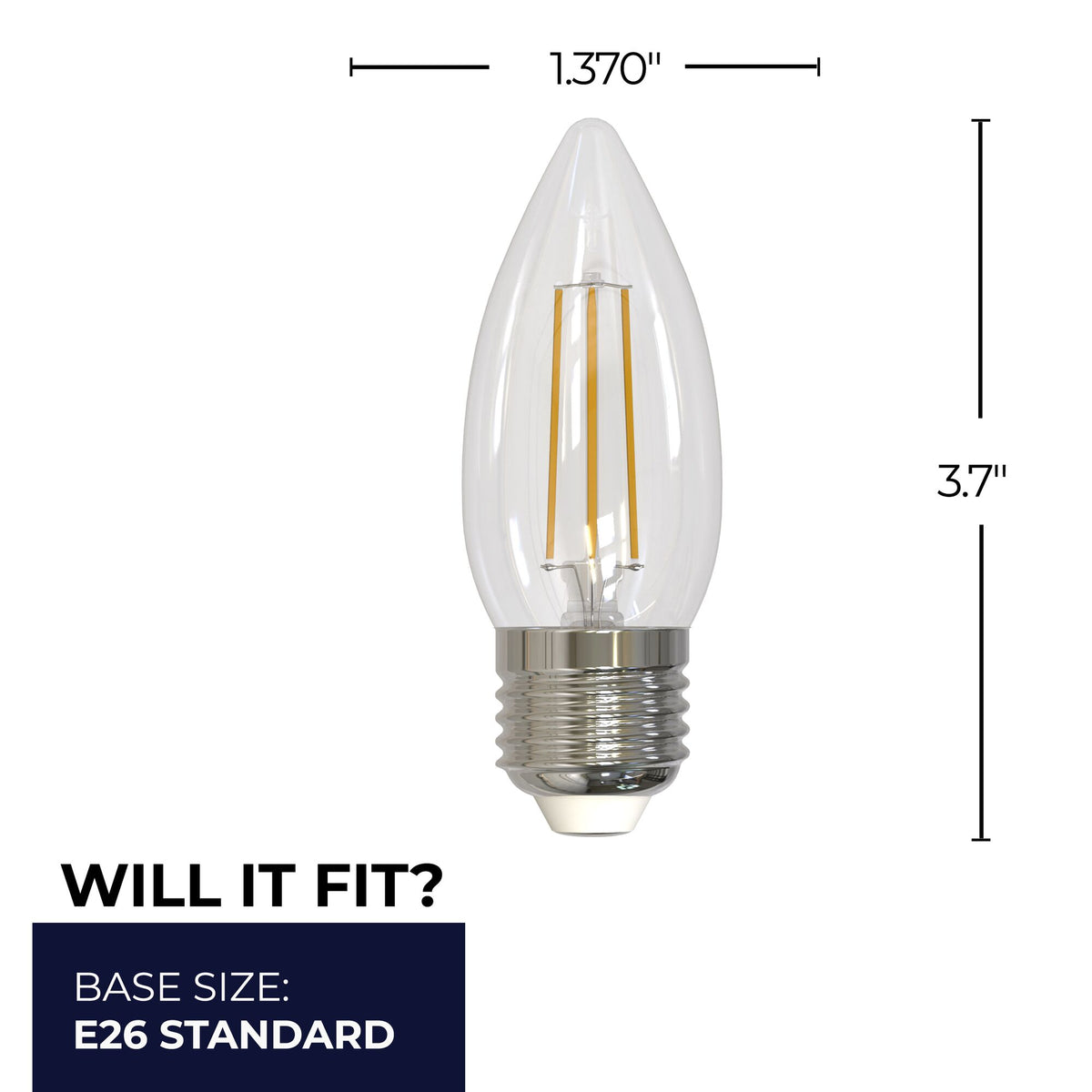 Bulbrite LED Filament 5.5W Dimmable B11 Light Bulbs with Clear Glass Finish and E26 Medium Base – 2700K Warm White Light, 500 Lumens, 4-Pack