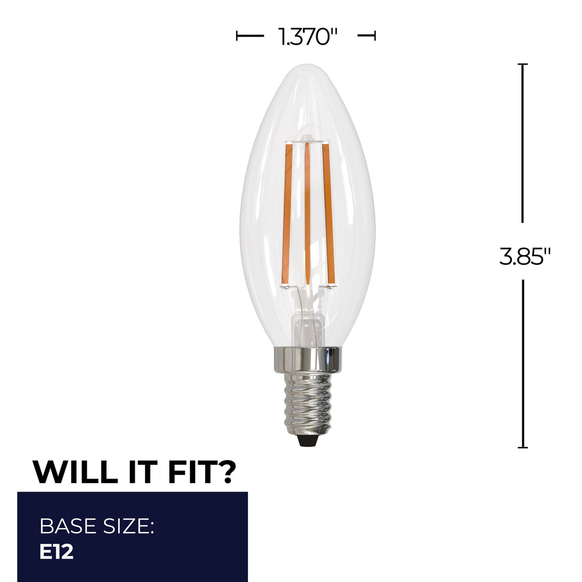 Bulbrite LED Filament 6.5W Dimmable B11 Light Bulbs with a Clear Finish and E26 Medium Base – 2700K Warm White Light, 750 Lumens, 4-Pack