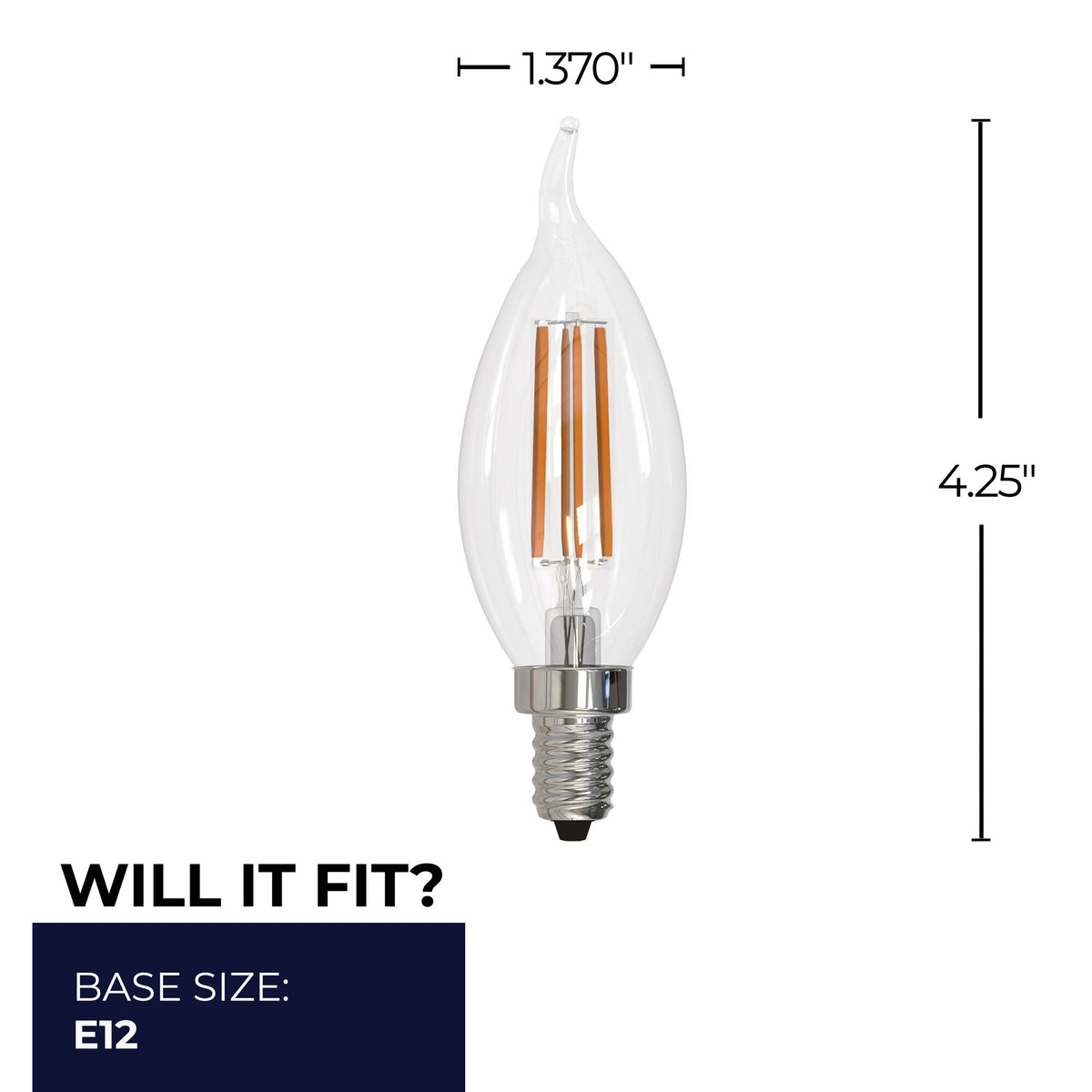 Bulbrite LED Filament 6.5W Dimmable CA10 Light Bulbs with a Clear Finish and E12 Candelabra Base – 2700K Warm White Light, 750 Lumens, 4-Pack