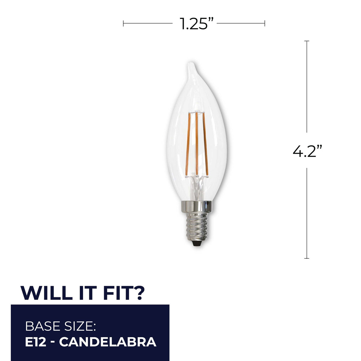 Bulbrite 5W Dimmable Clear Filament CA10 E12 Candelabra Base LED Light Bulb – 500 Lumens, 2700K, 4-Pack