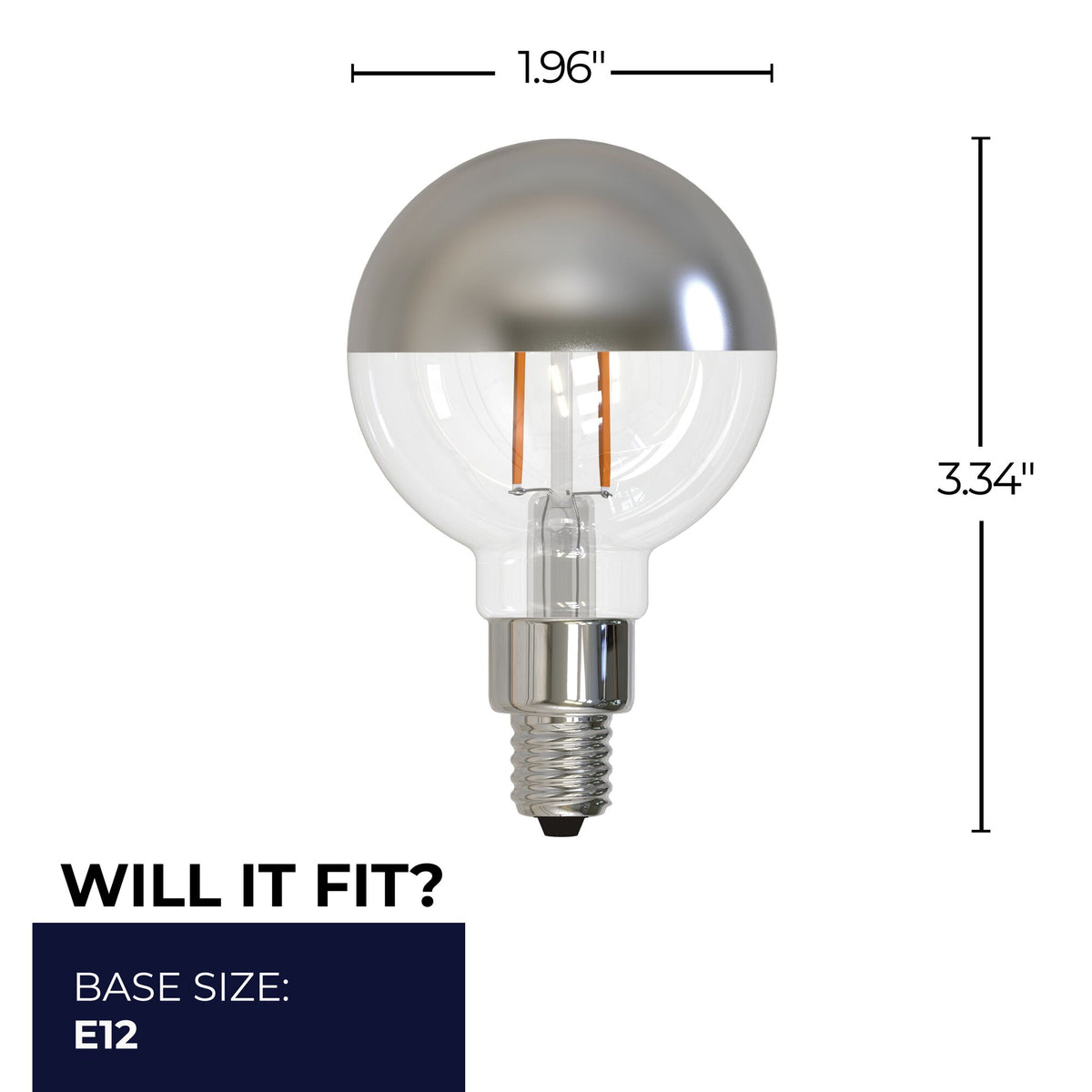 Bulbrite LED Filament 2.5W Dimmable G16 Light Bulb with a Half Mirror Finish and E12 Candelabra Base – 2700K Warm White Light, 200 Lumens, 4-Pack