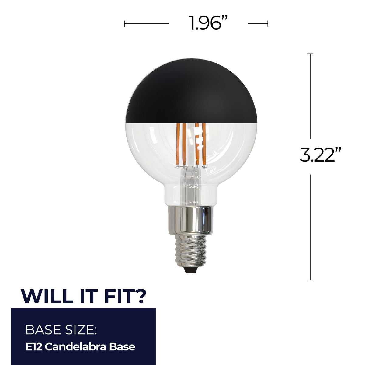 Bulbrite LED Filament 2.5W Dimmable G16 Light Bulb with Half Black Glass Finish and E12 Candelabra Base – 2700K Warm White Light, 200 Lumens, 2-Pack