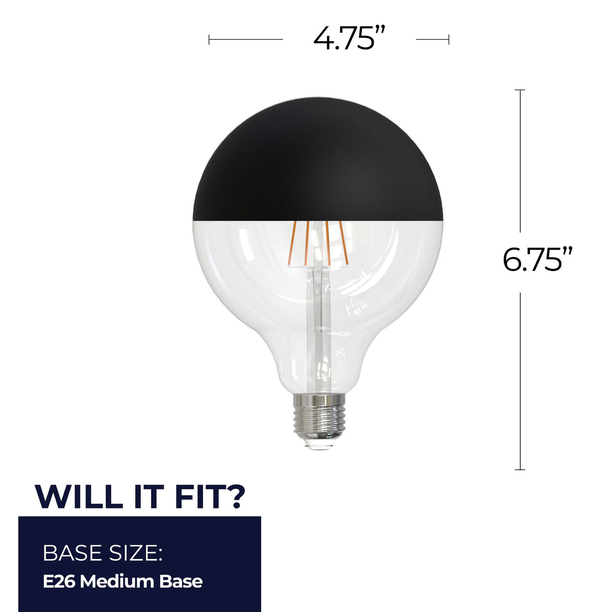 Bulbrite LED Filament 6W Dimmable G40 Light Bulb with Half Black Glass Finish and E26 Medium Base – 2700K Warm White Light, 500 Lumens, 4-Pack
