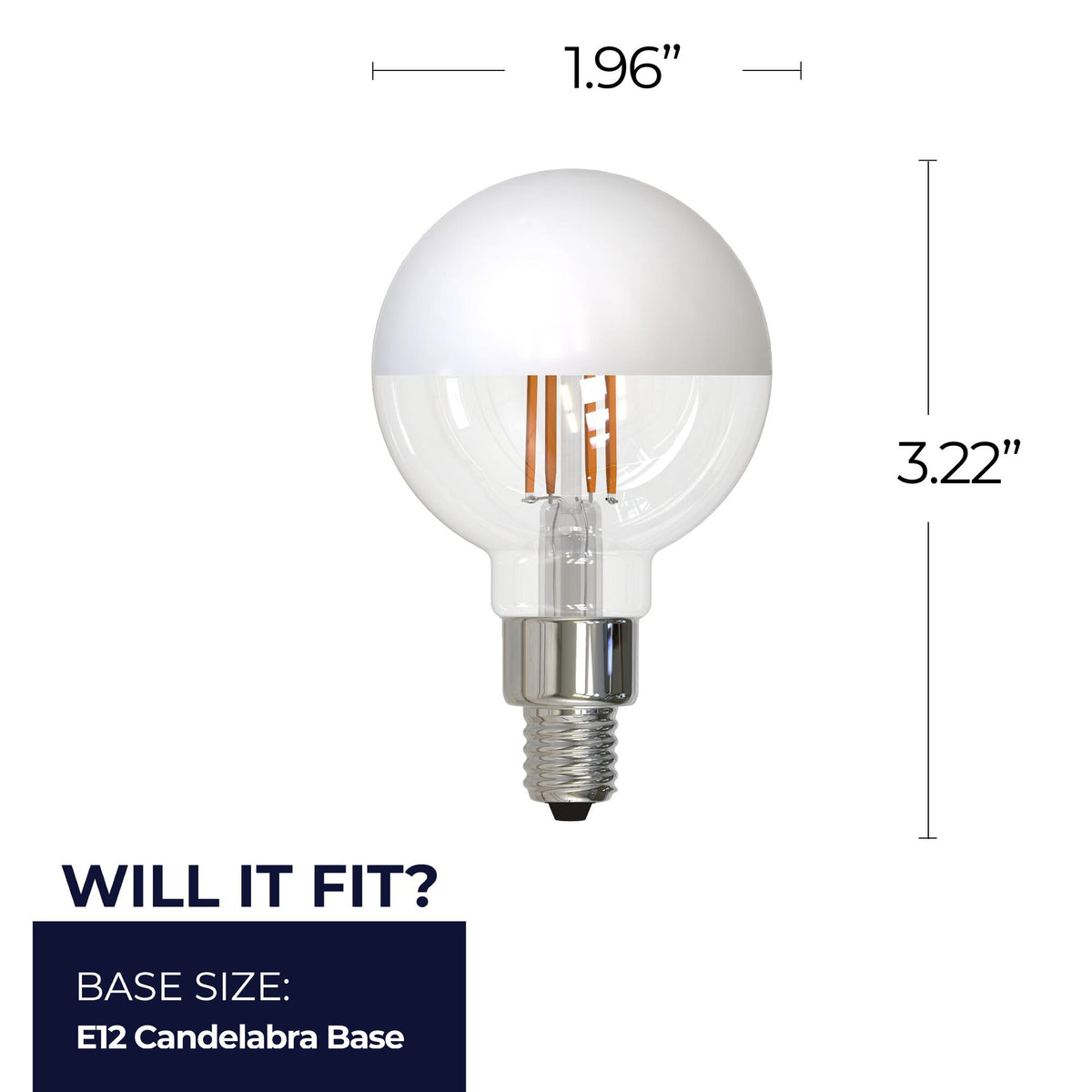 Bulbrite LED Filament 2.5W Dimmable G16 Light Bulb with Half White Glass Finish and E12 Candelabra Base – 2700K Warm White Light, 200 Lumens, 2-Pack