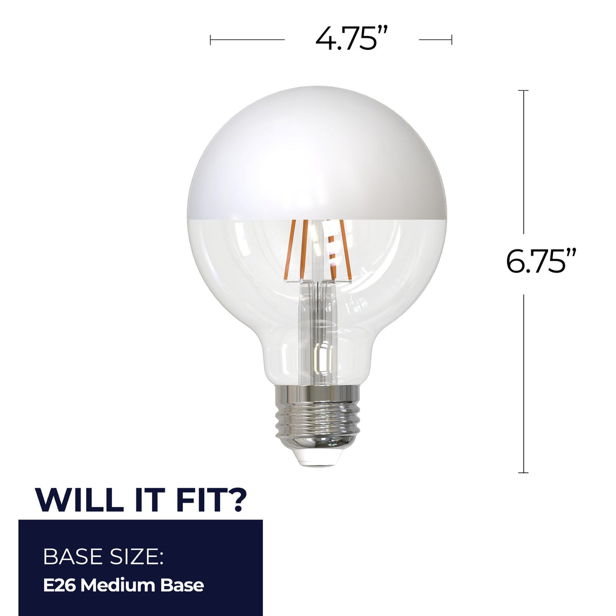 Bulbrite LED Filament 6W Dimmable G40 Light Bulb with Half White Glass Finish and E26 Medium Base – 2700K Warm White Light, 500 Lumens, 2-Pack