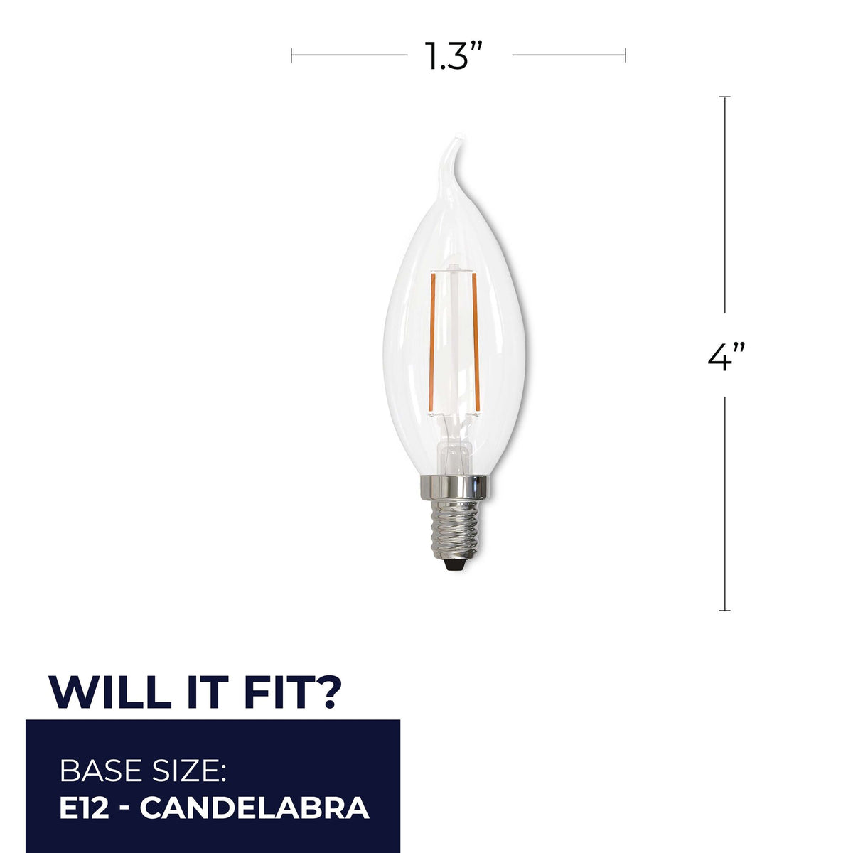 Bulbrite LED Filament CA10 Dimmable Candelabra Screw Base (E12) Light Bulb 25W Equivalent 2700K, Clear 4-Pack