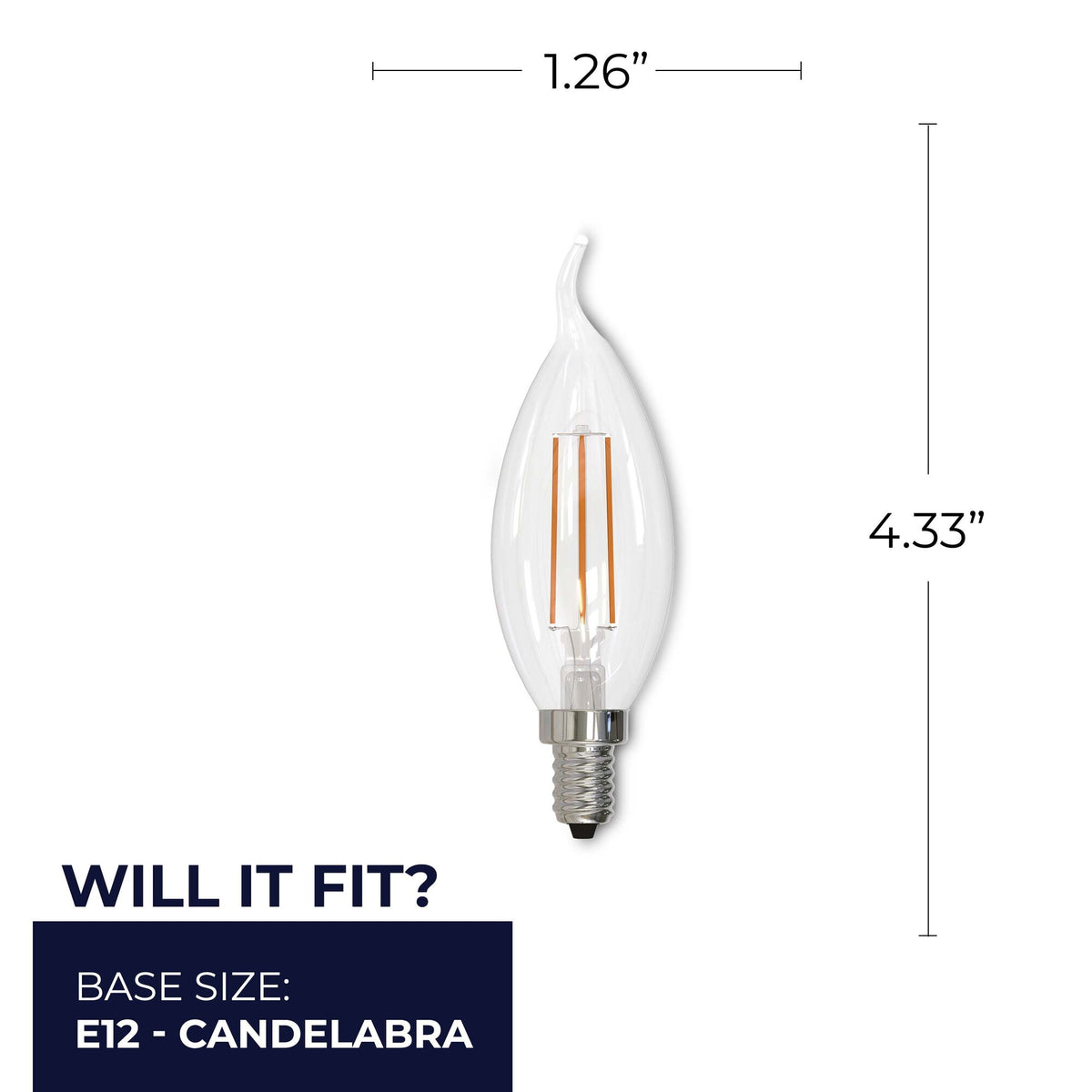 Bulbrite 4.5W Dimmable Clear Filament CA10 E12 Candelabra Base LED Bulb – 350 Lumens, 2700K, and 90 CRI, 4-Pack