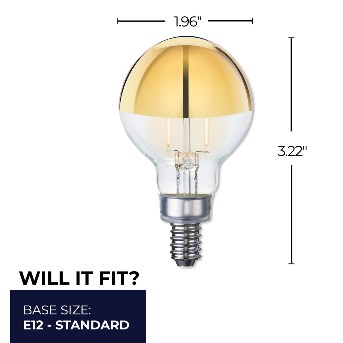 Bulbrite LED Filament 2.5W Dimmable G16 Light Bulb with Half Gold Glass Finish and E12 Candelabra Base – 2700K Warm White Light, 200 Lumens, 4-Pack