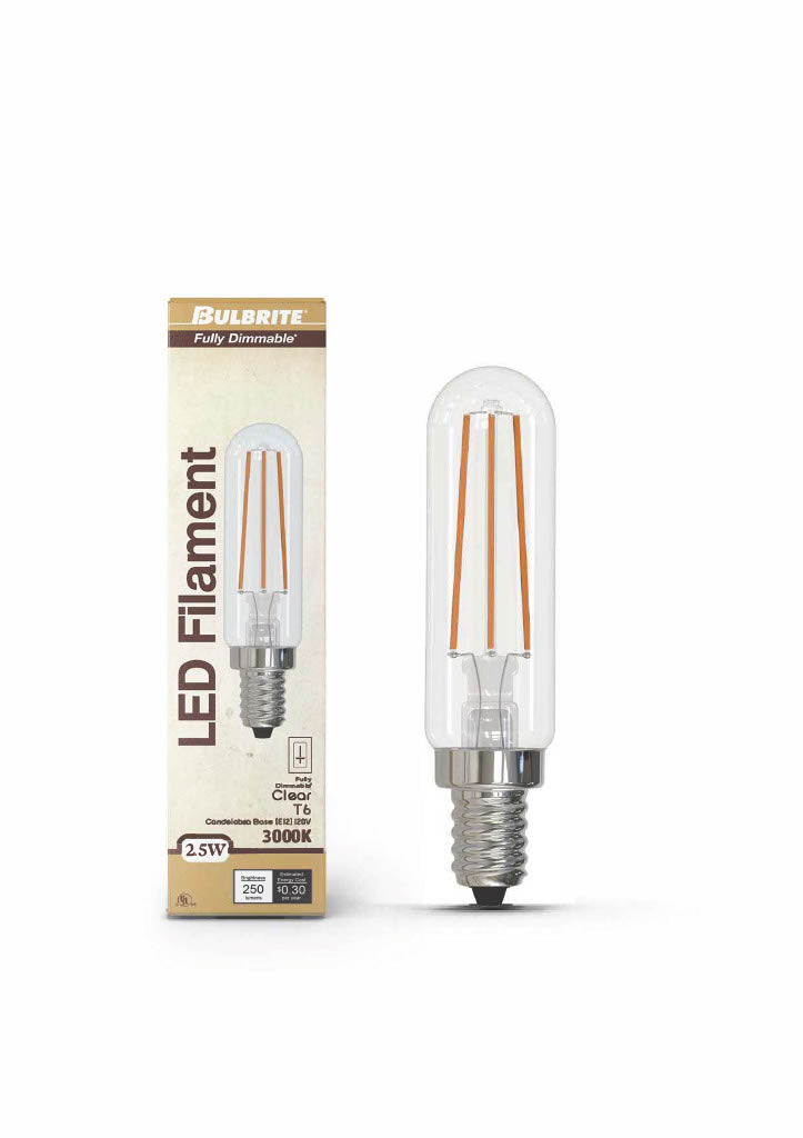 Bulbrite LED 2.5W Dimmable T6 Light Bulb with a Clear Finish and a Candelabra Screw E12 – 3000K Soft White Light 250 lumens, 3-Pack