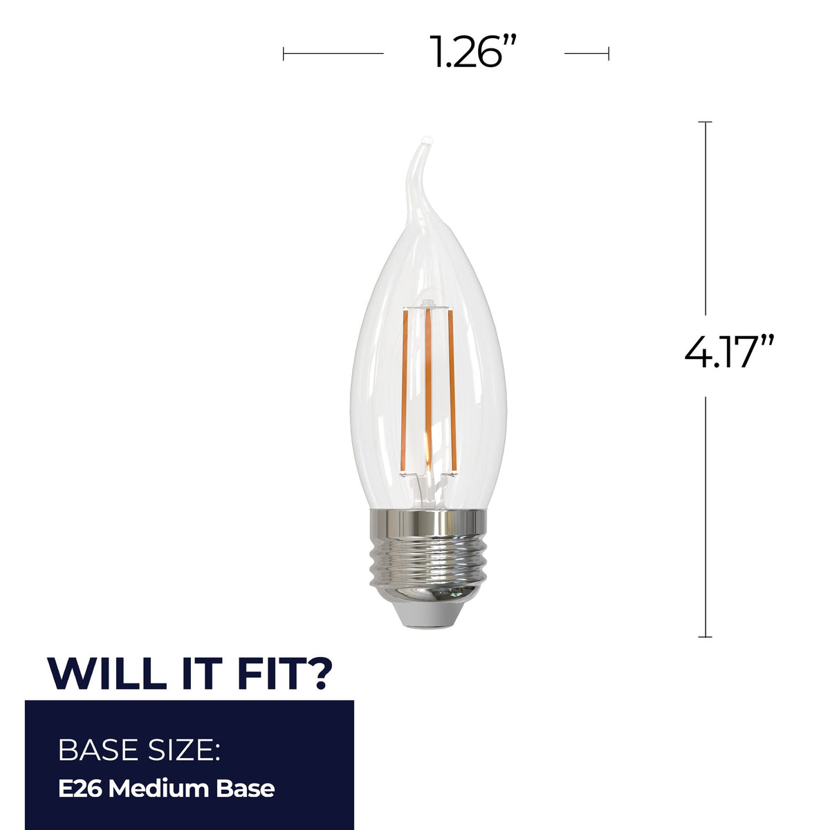 Bulbrite LED Filament 5W Dimmable CA10 Light Bulb with Clear Glass Finish and E26 Medium Base – 2700K Warm White Light, 500 Lumens, 4-Pack