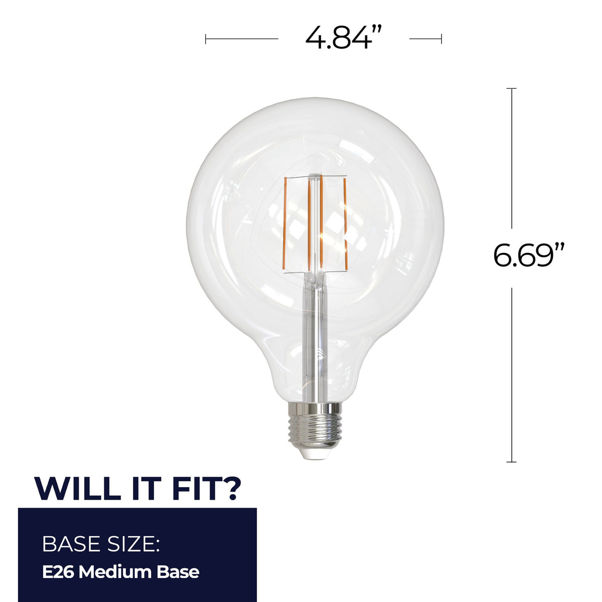 Bulbrite LED Filament 8.5W Dimmable G40 Light Bulb with Clear Glass Finish and E26 Medium Base – 5000K Soft Daylight Light, 800 Lumens, 2-Pack