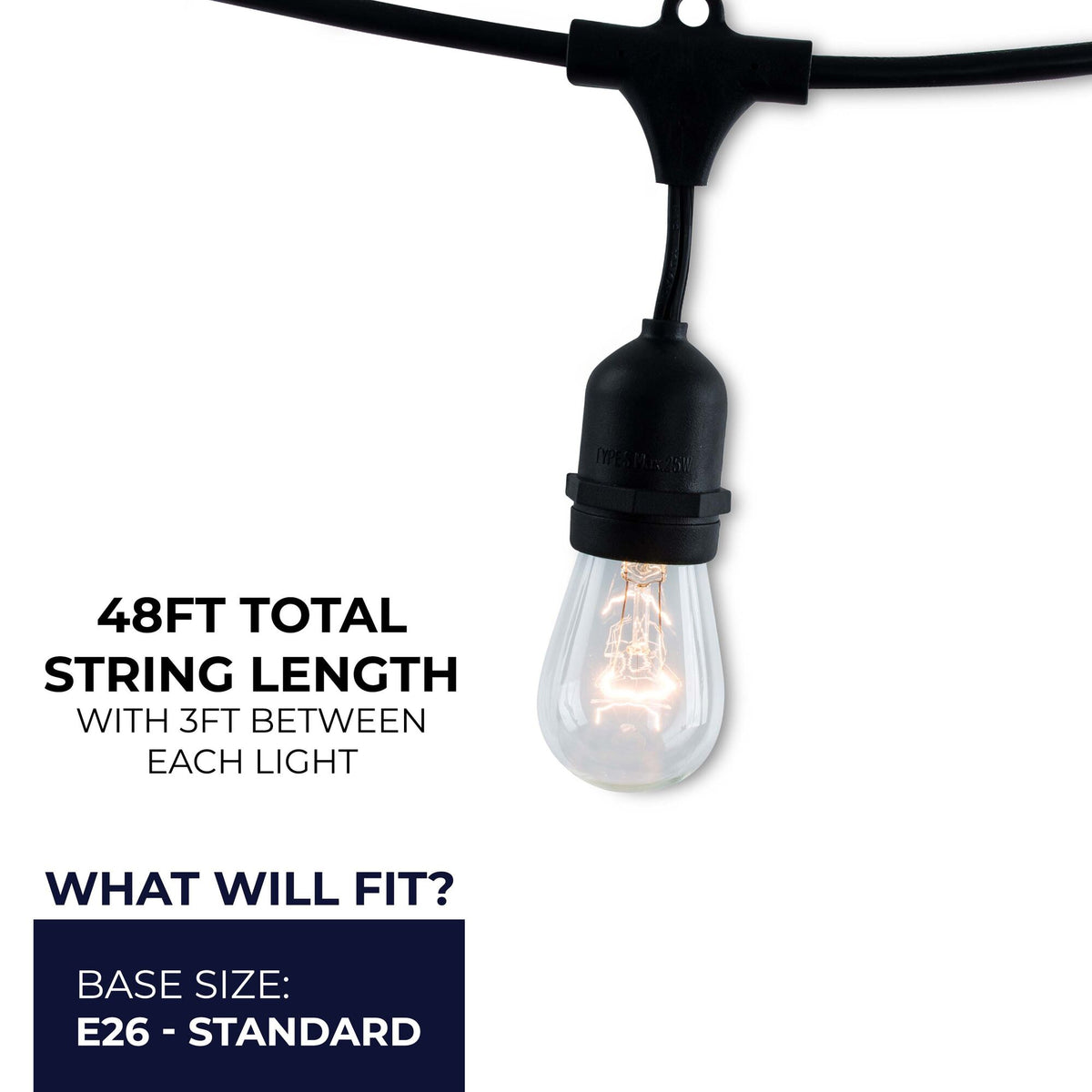 Bulbrite 48-Foot String Light Kit with Clear Vintage Style S14 Incandescent Light Bulbs, 11W