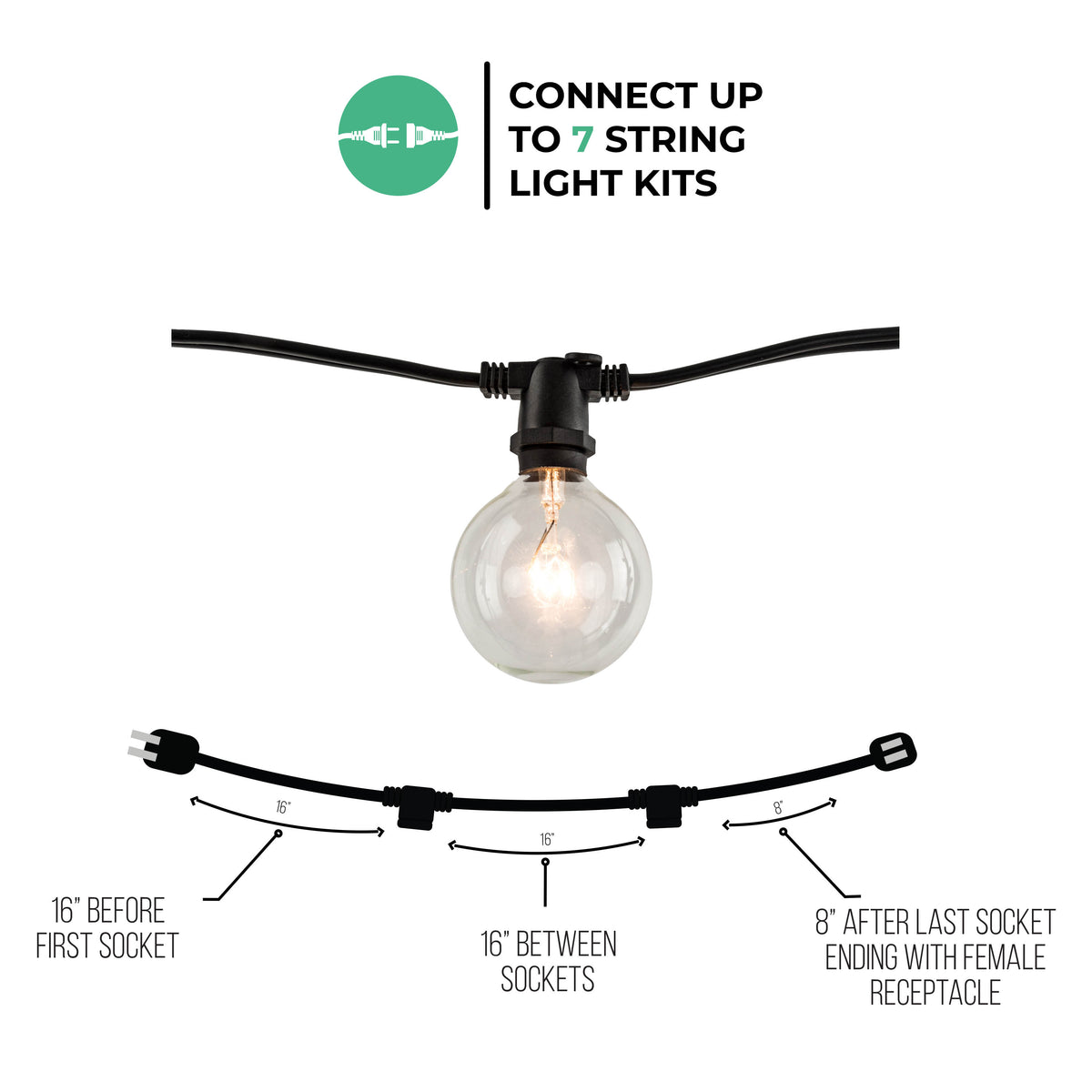 Bulbrite 14 ft, 10 – Socket Decorative String Light Kit with Clear Incandescent Globe (G16) Bulbs, 14 ft, Black, 14 ft