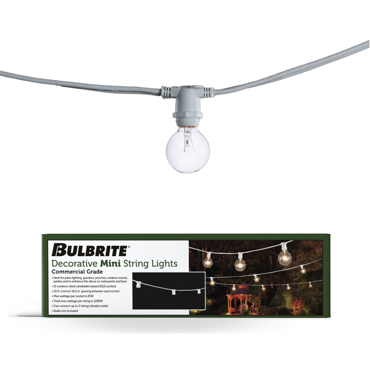 Bulbrite 25-Foot String Light Kit, 10W, 2700K, E12 Base, White Finish, Dimmable